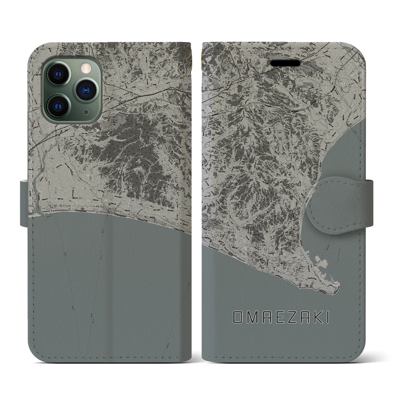 【御前崎(静岡県)】地図柄iPhoneケース(手帳タイプ)モノトーン・iPhone 11 Pro 用