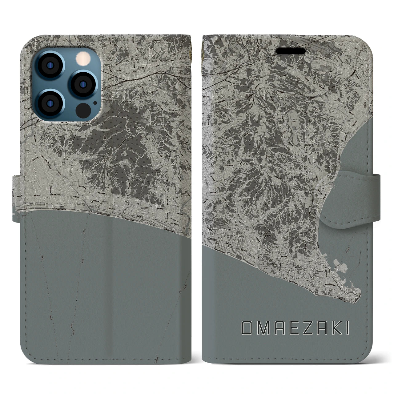 【御前崎(静岡県)】地図柄iPhoneケース(手帳タイプ)モノトーン・iPhone 12 / 12 Pro 用