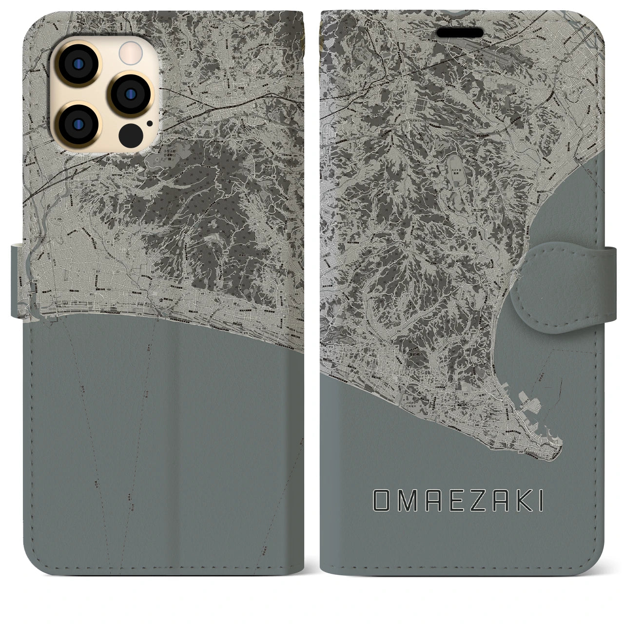 【御前崎(静岡県)】地図柄iPhoneケース(手帳タイプ)モノトーン・iPhone 12 Pro Max 用