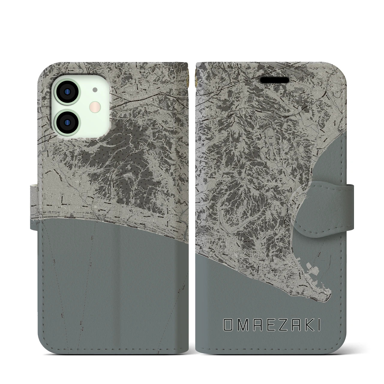 【御前崎(静岡県)】地図柄iPhoneケース(手帳タイプ)モノトーン・iPhone 12 mini 用