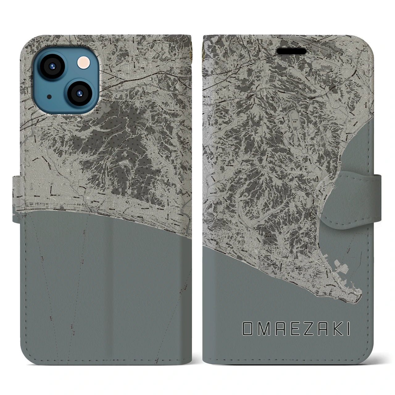 【御前崎(静岡県)】地図柄iPhoneケース(手帳タイプ)モノトーン・iPhone 13 用