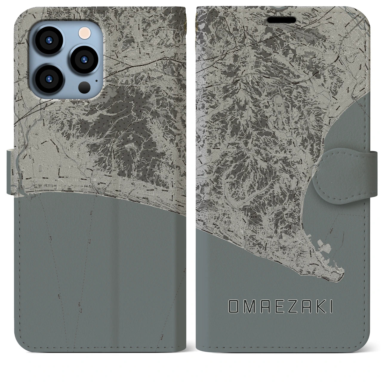 【御前崎(静岡県)】地図柄iPhoneケース(手帳タイプ)モノトーン・iPhone 13 Pro Max 用