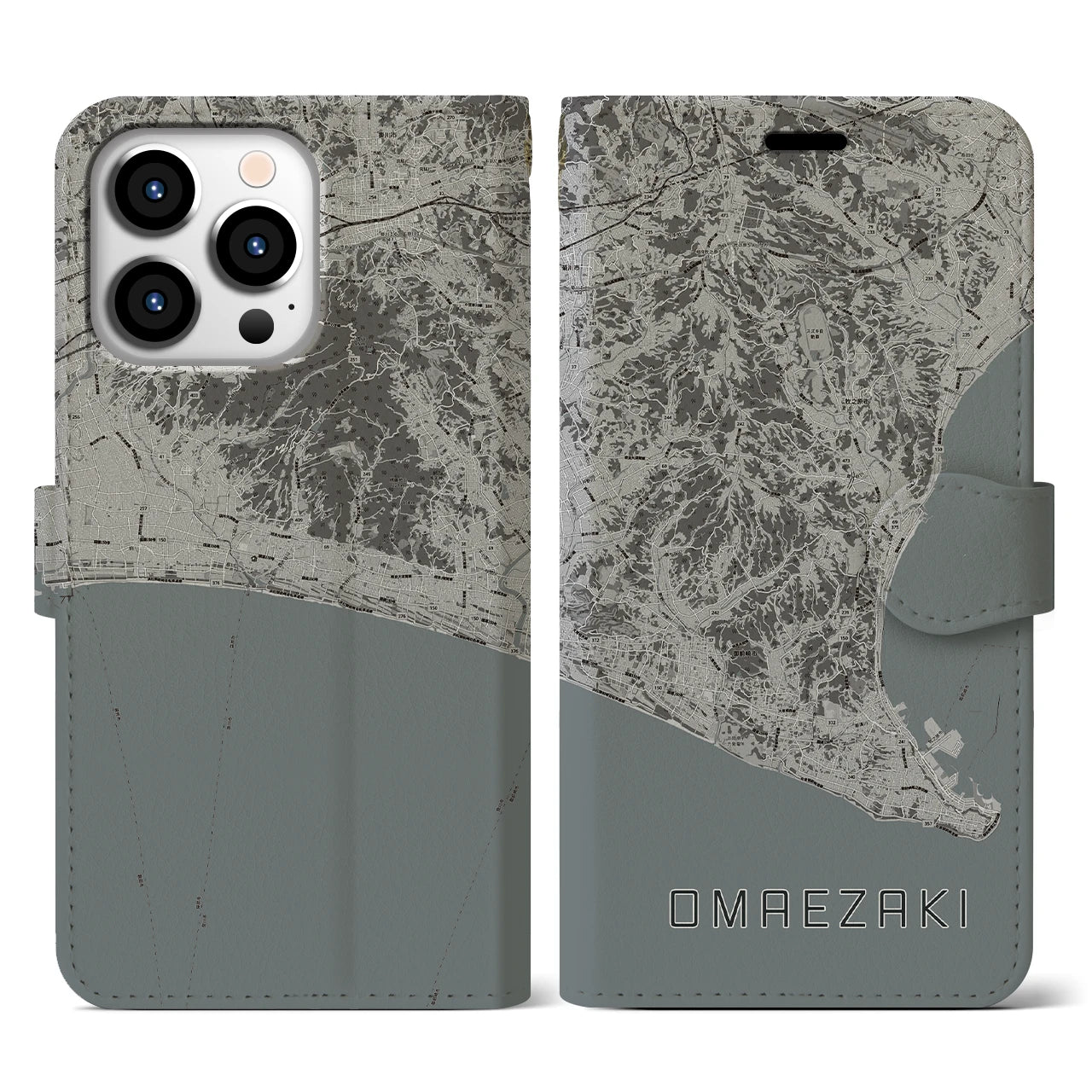 【御前崎(静岡県)】地図柄iPhoneケース(手帳タイプ)モノトーン・iPhone 13 Pro 用