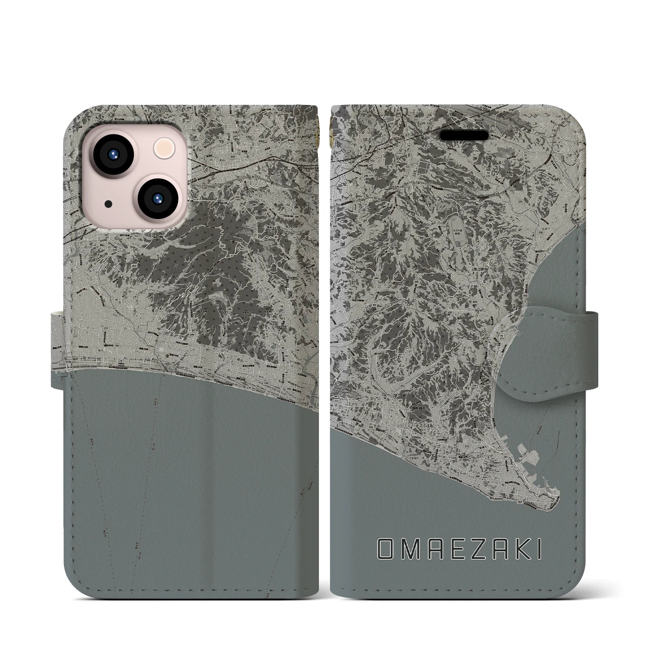 【御前崎(静岡県)】地図柄iPhoneケース(手帳タイプ)モノトーン・iPhone 13 mini 用