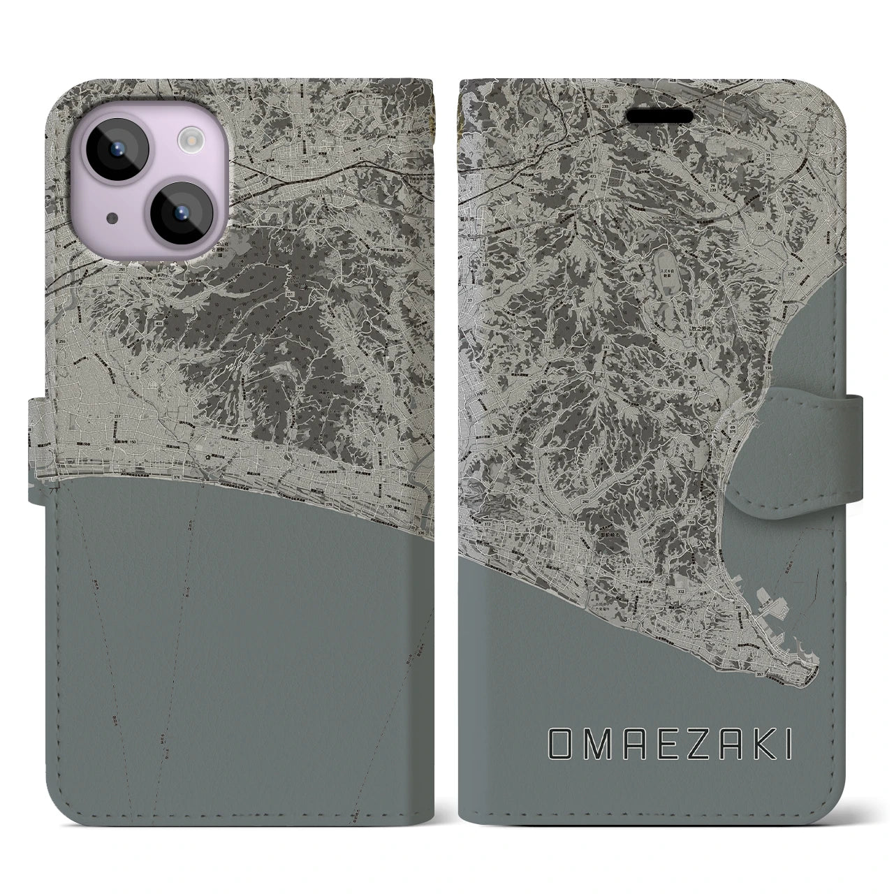 【御前崎(静岡県)】地図柄iPhoneケース(手帳タイプ)モノトーン・iPhone 14 用