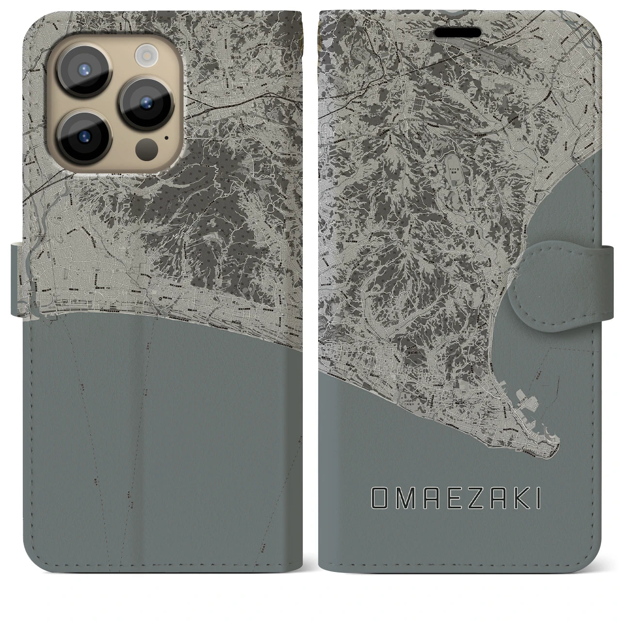 【御前崎(静岡県)】地図柄iPhoneケース(手帳タイプ)モノトーン・iPhone 14 Pro Max 用