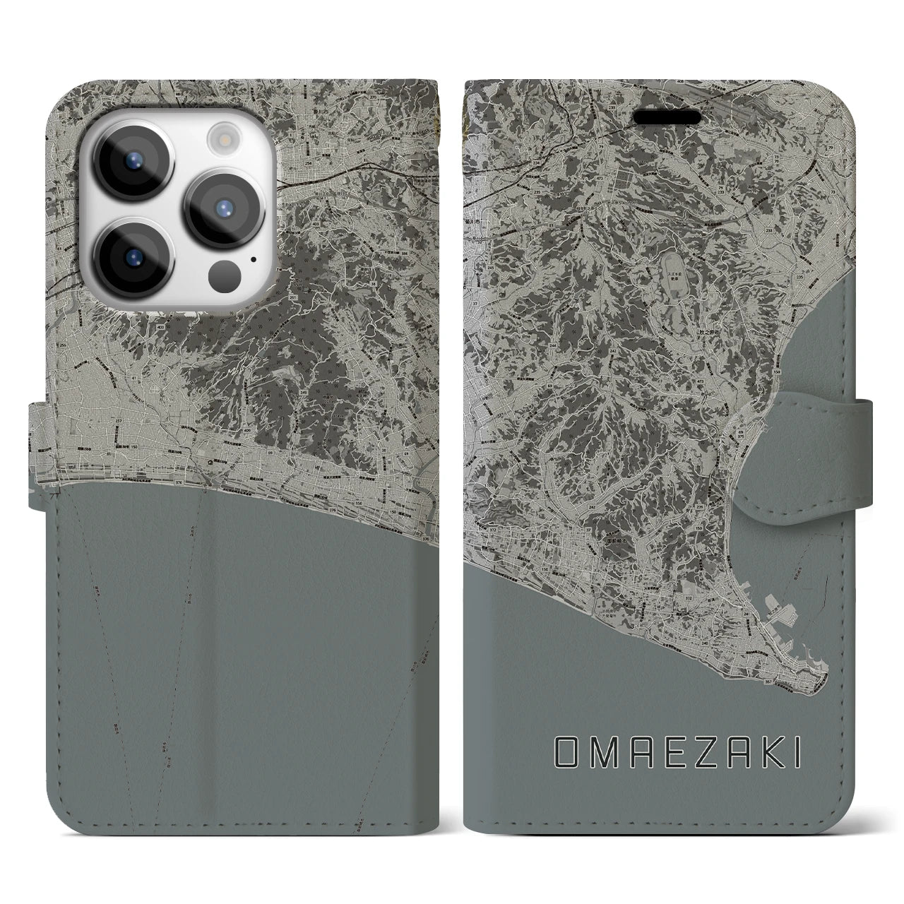 【御前崎(静岡県)】地図柄iPhoneケース(手帳タイプ)モノトーン・iPhone 14 Pro 用