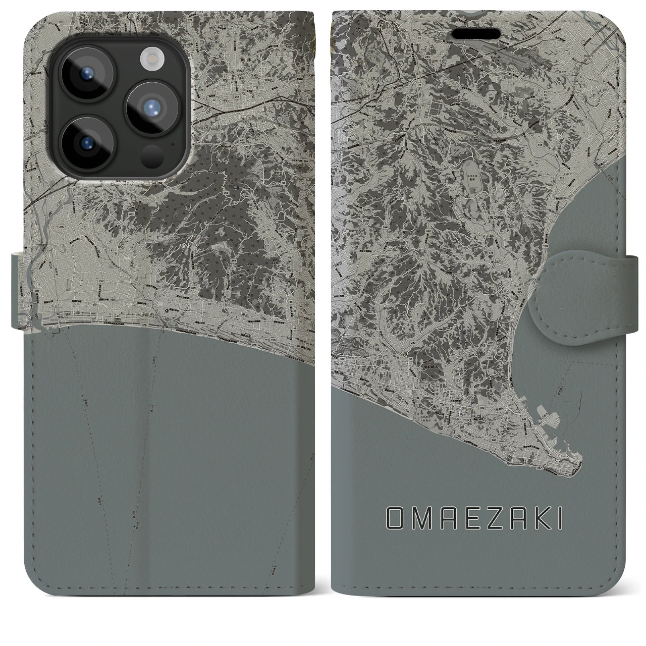 【御前崎(静岡県)】地図柄iPhoneケース(手帳タイプ)モノトーン・iPhone 15 Pro Max 用