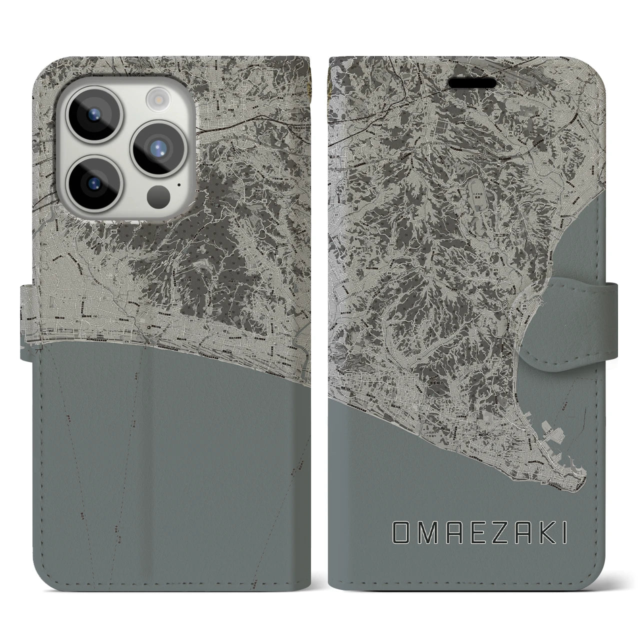 【御前崎(静岡県)】地図柄iPhoneケース(手帳タイプ)モノトーン・iPhone 15 Pro 用