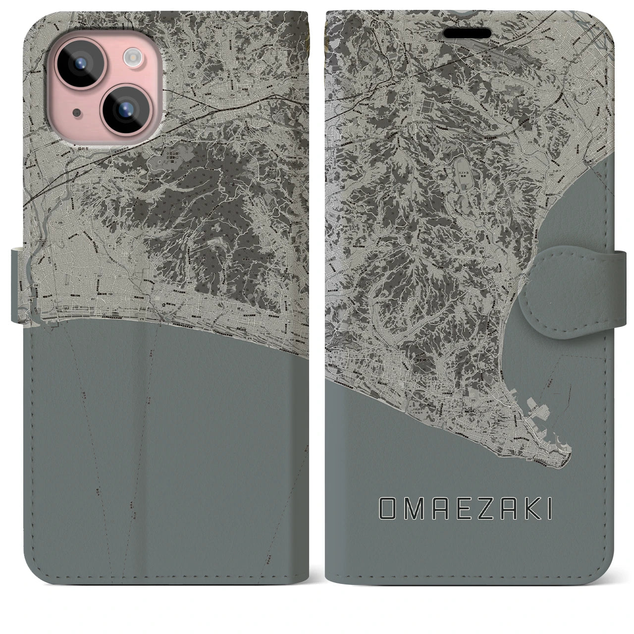 【御前崎(静岡県)】地図柄iPhoneケース(手帳タイプ)モノトーン・iPhone 15 Plus 用