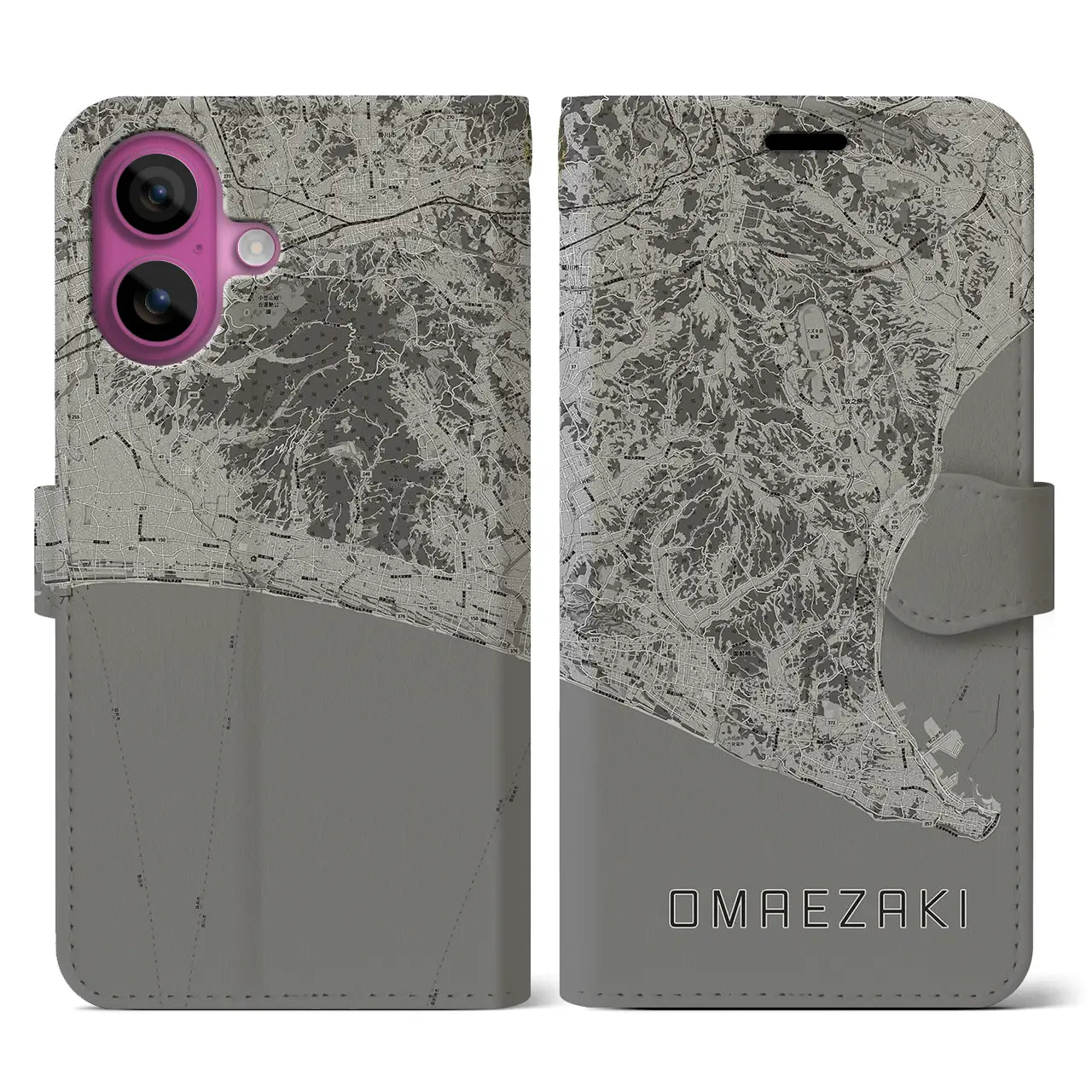 【御前崎(静岡県)】地図柄iPhoneケース(手帳タイプ)モノトーン・iPhone 16 Pro 用