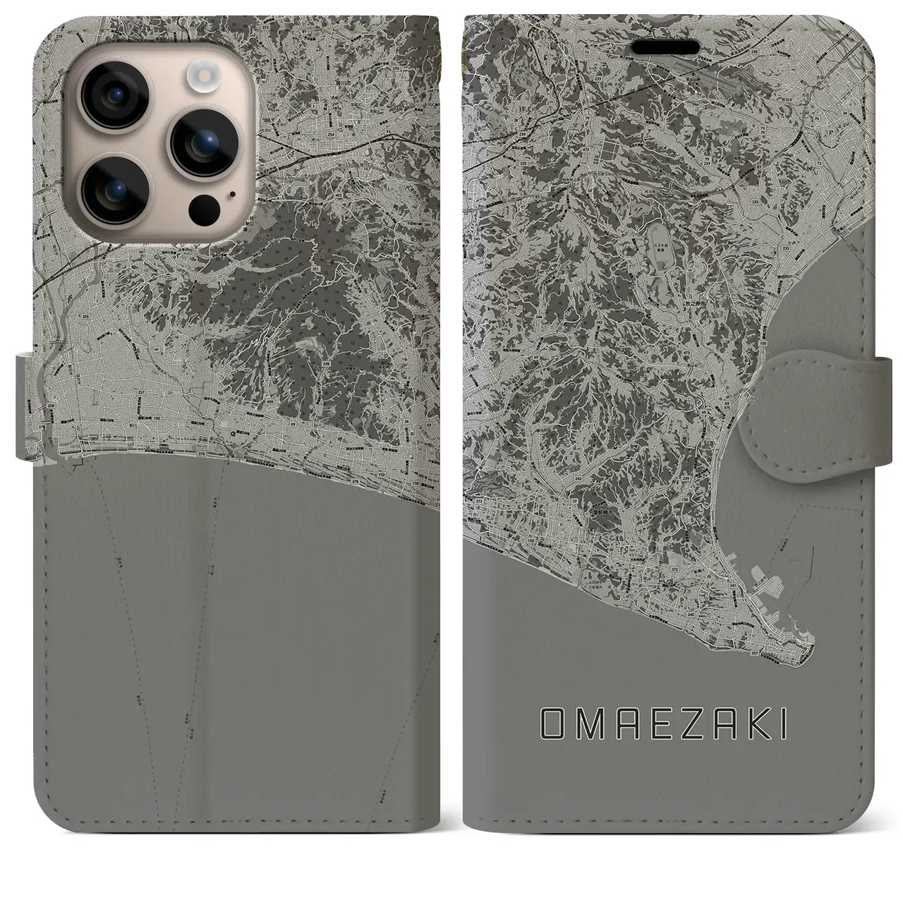 【御前崎(静岡県)】地図柄iPhoneケース(手帳タイプ)モノトーン・iPhone 16 Plus 用