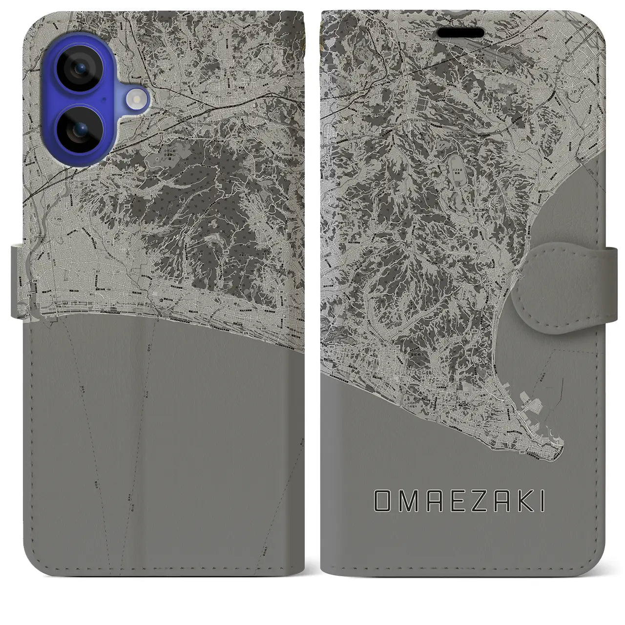 【御前崎(静岡県)】地図柄iPhoneケース(手帳タイプ)モノトーン・iPhone 16 Pro Max 用