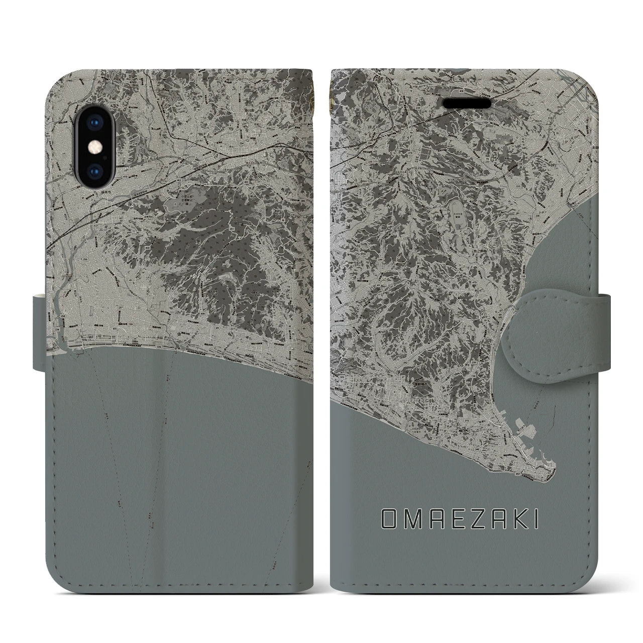 【御前崎(静岡県)】地図柄iPhoneケース(手帳タイプ)モノトーン・iPhone XS / X 用