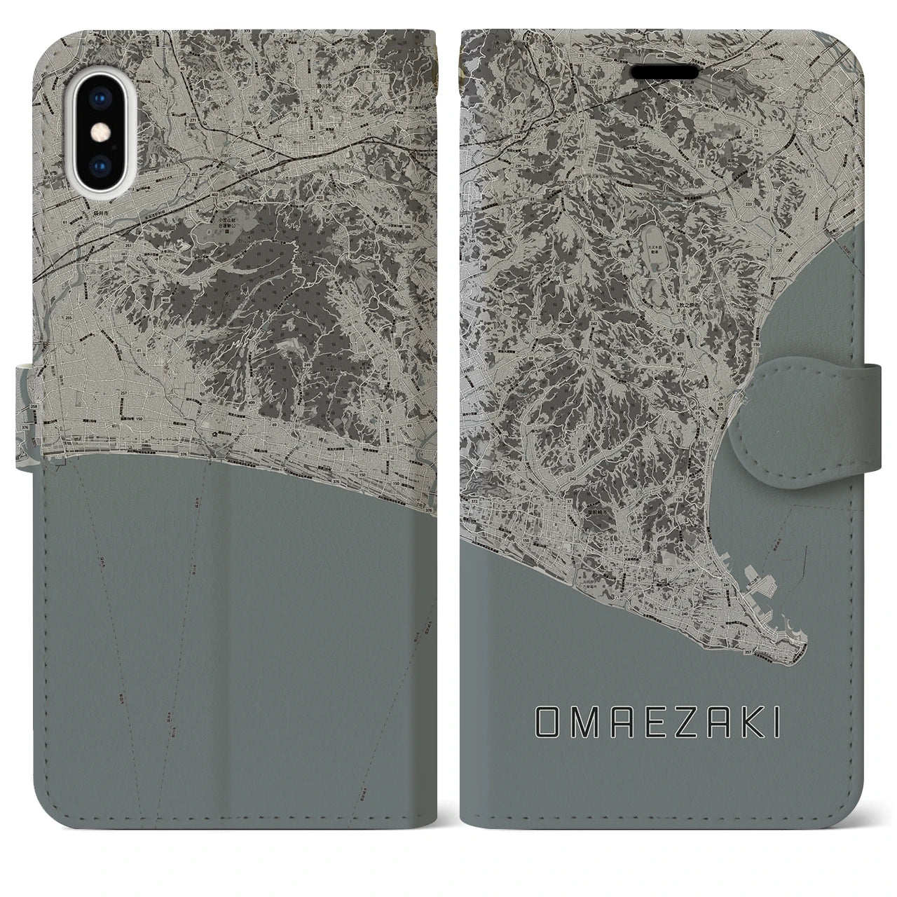 【御前崎(静岡県)】地図柄iPhoneケース(手帳タイプ)モノトーン・iPhone XS Max 用