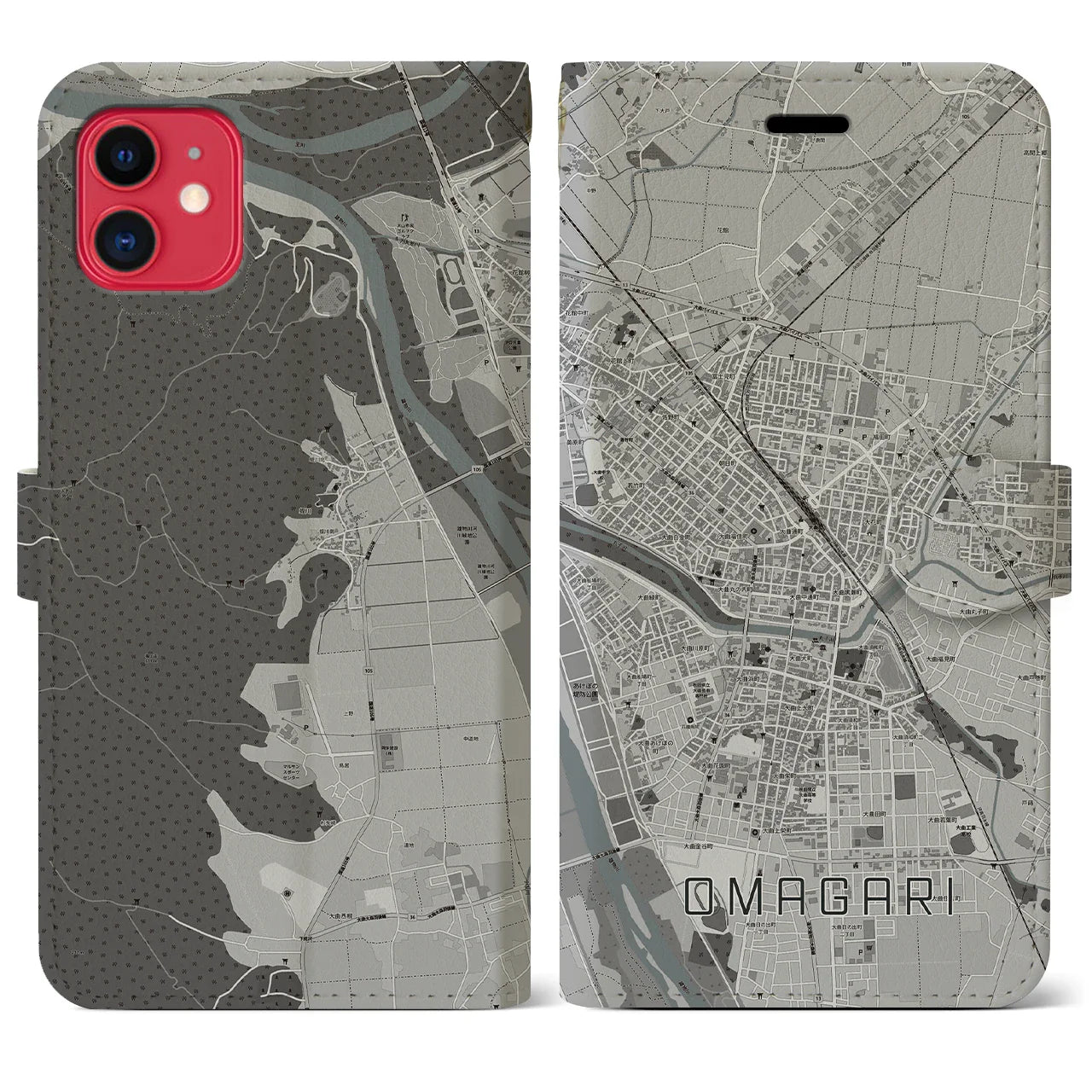 【大曲(秋田県)】地図柄iPhoneケース(手帳タイプ)モノトーン・iPhone 11 用
