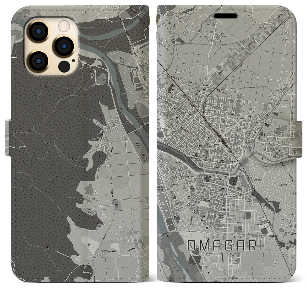 【大曲(秋田県)】地図柄iPhoneケース(手帳タイプ)モノトーン・iPhone 12 Pro Max 用