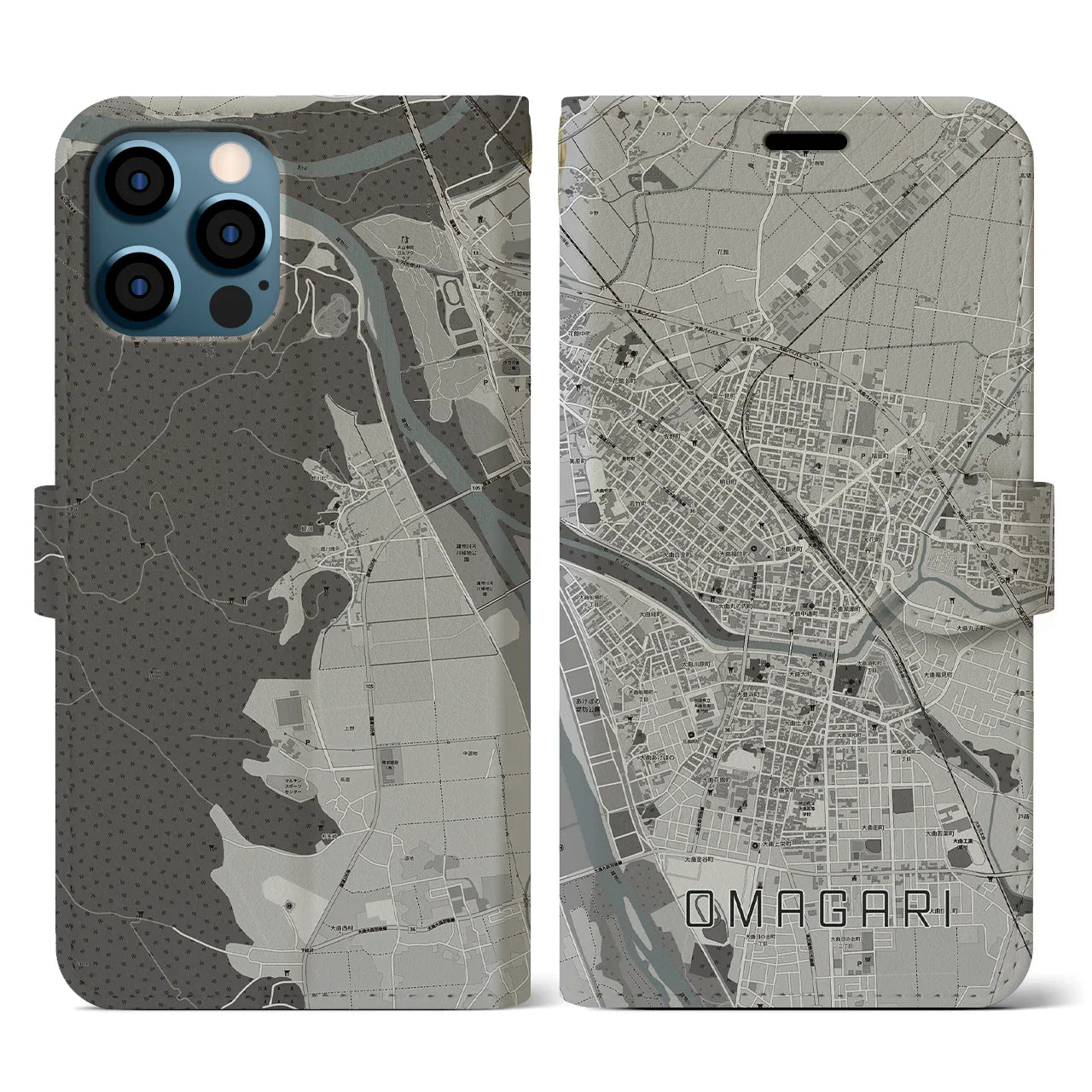 【大曲(秋田県)】地図柄iPhoneケース(手帳タイプ)モノトーン・iPhone 12 / 12 Pro 用