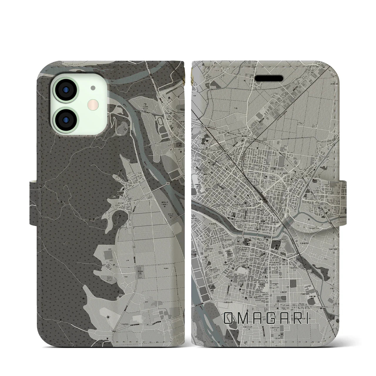 【大曲(秋田県)】地図柄iPhoneケース(手帳タイプ)モノトーン・iPhone 12 mini 用