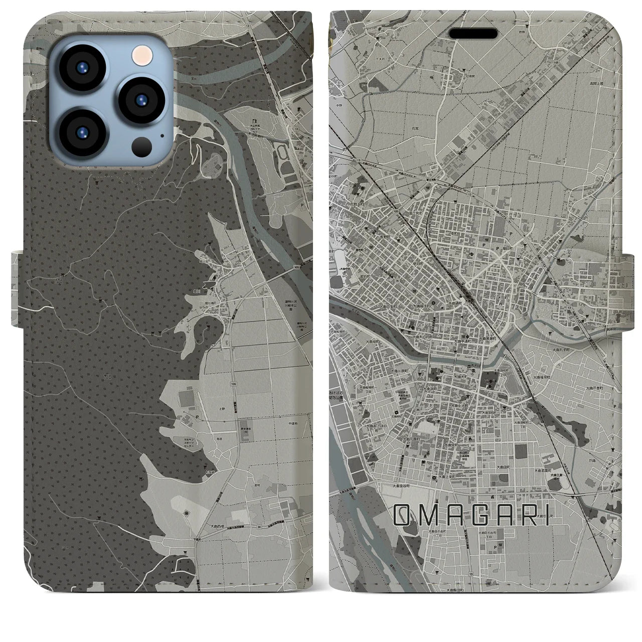 【大曲(秋田県)】地図柄iPhoneケース(手帳タイプ)モノトーン・iPhone 13 Pro Max 用