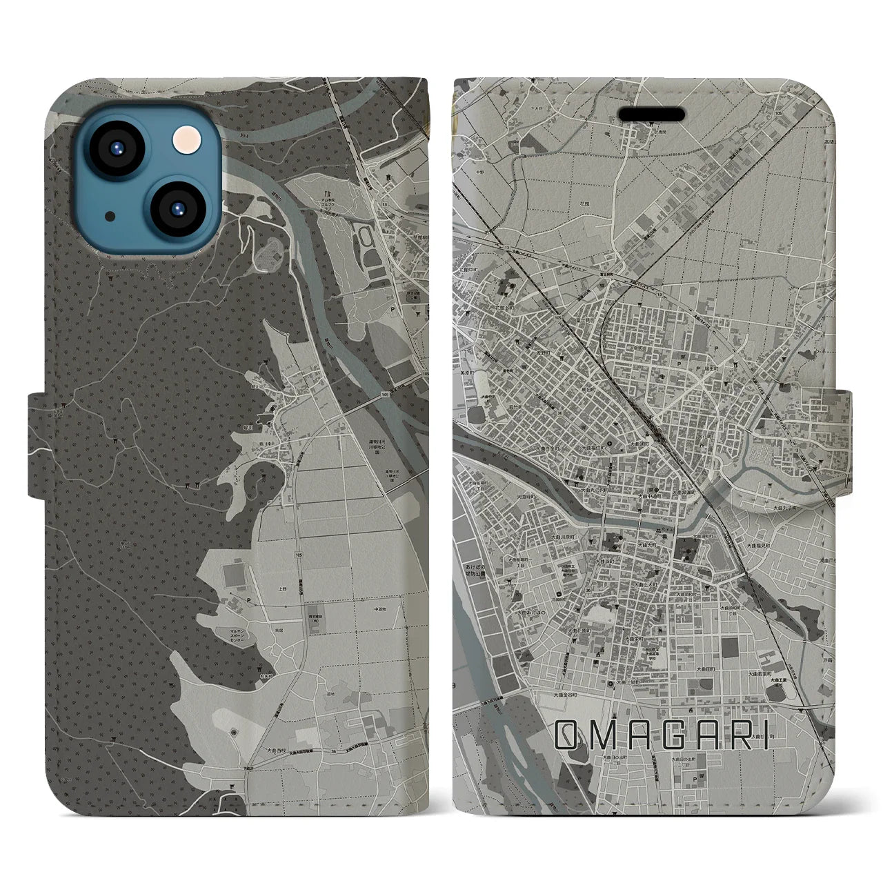 【大曲(秋田県)】地図柄iPhoneケース(手帳タイプ)モノトーン・iPhone 13 用