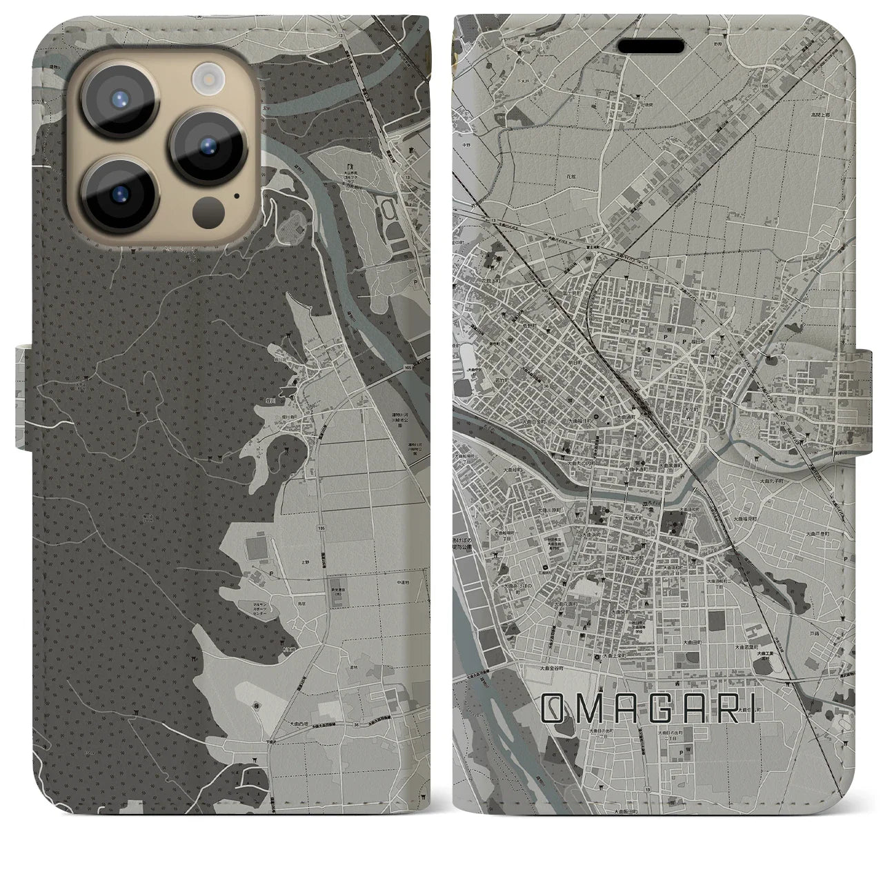 【大曲(秋田県)】地図柄iPhoneケース(手帳タイプ)モノトーン・iPhone 14 Pro Max 用