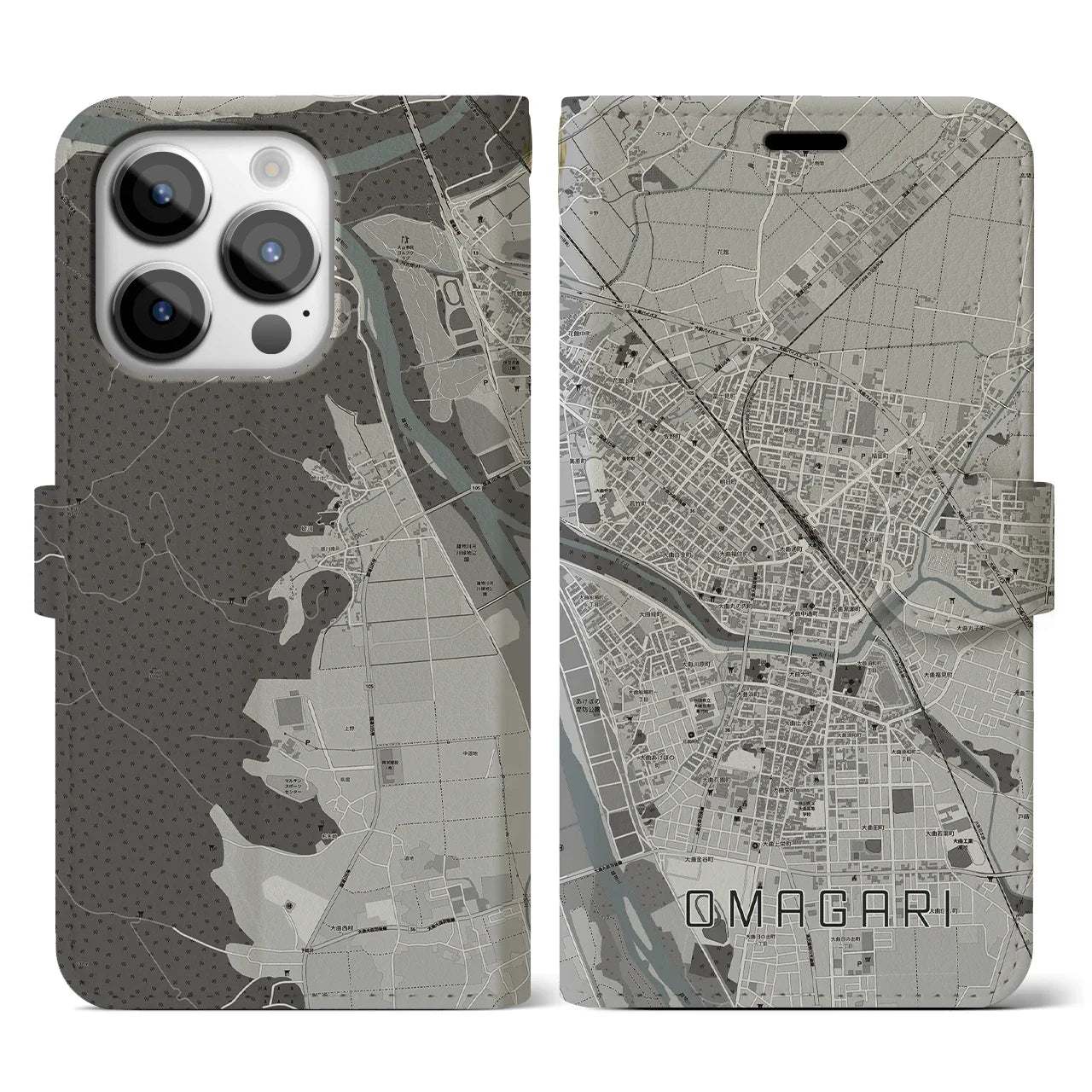 【大曲(秋田県)】地図柄iPhoneケース(手帳タイプ)モノトーン・iPhone 14 Pro 用