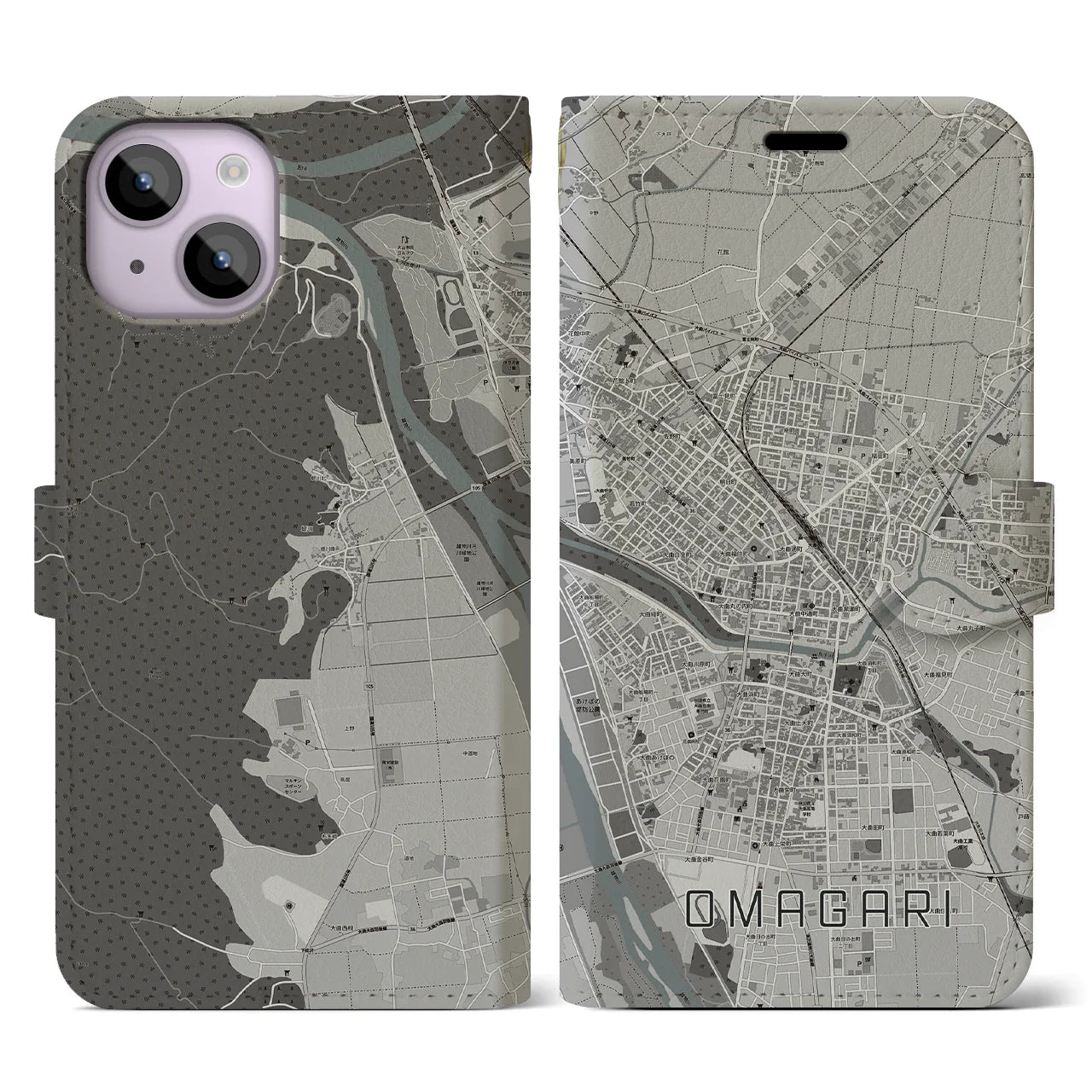 【大曲(秋田県)】地図柄iPhoneケース(手帳タイプ)モノトーン・iPhone 14 用