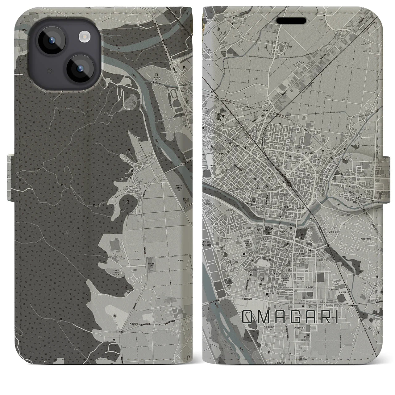 【大曲(秋田県)】地図柄iPhoneケース(手帳タイプ)モノトーン・iPhone 14 Plus 用