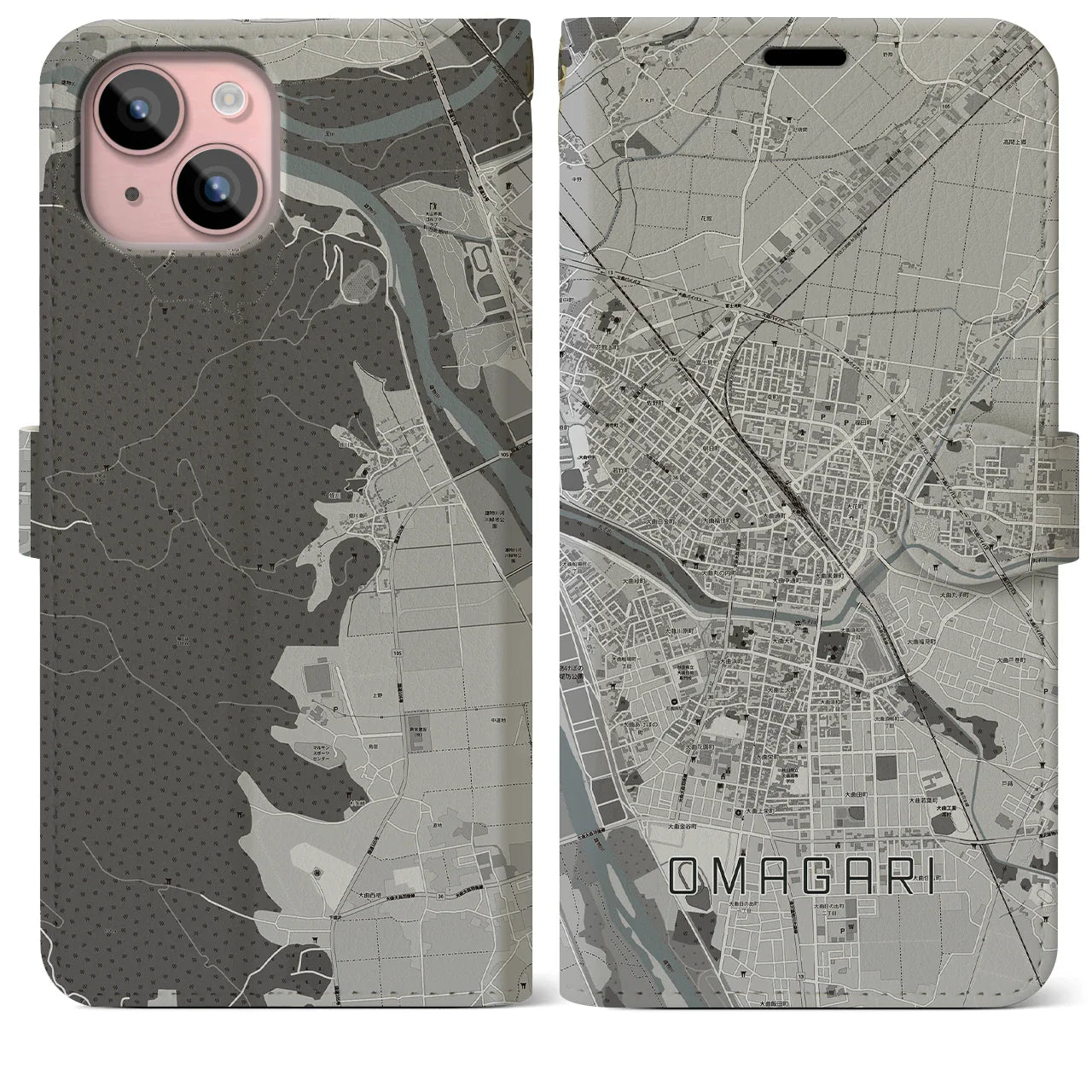 【大曲(秋田県)】地図柄iPhoneケース(手帳タイプ)モノトーン・iPhone 15 Plus 用