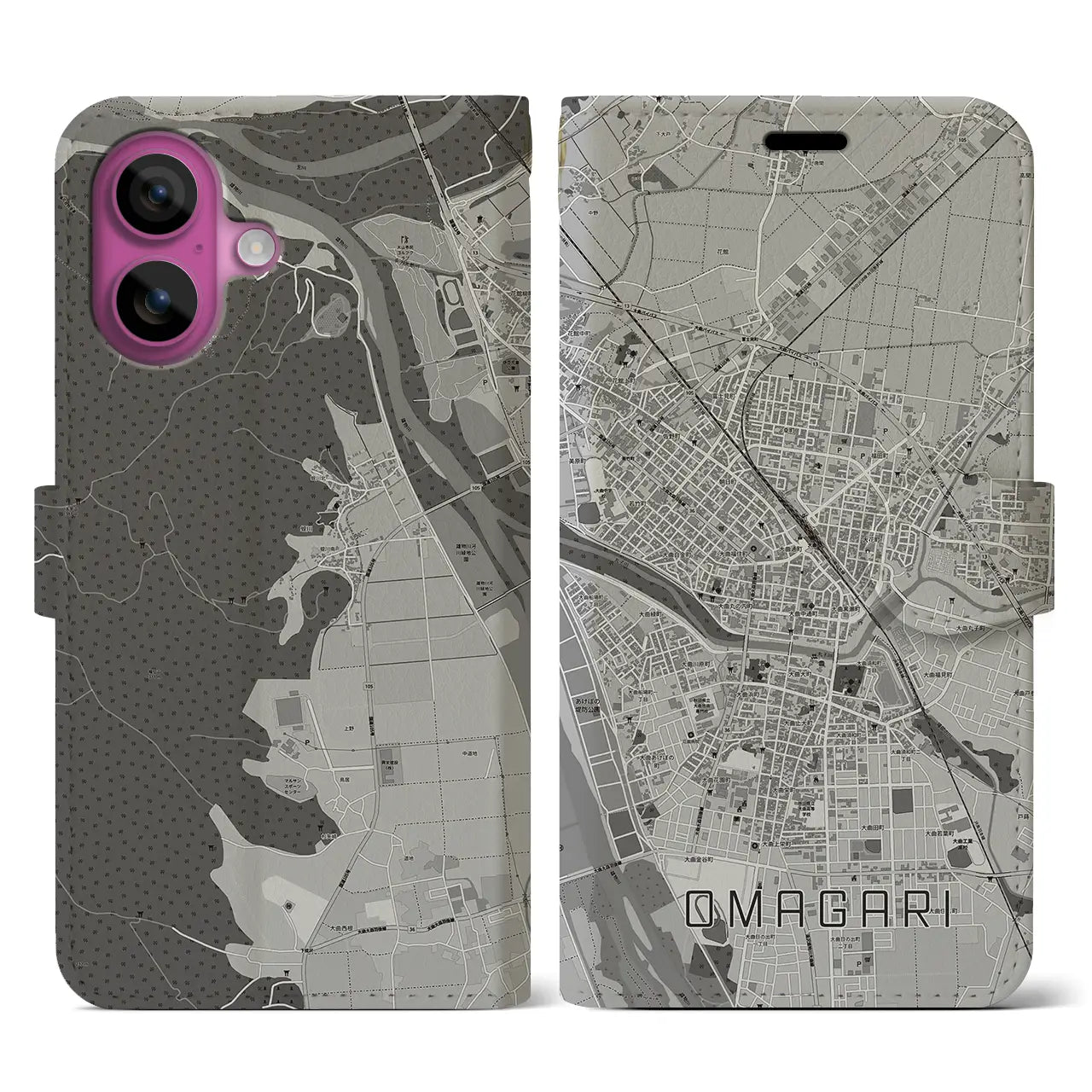 【大曲(秋田県)】地図柄iPhoneケース(手帳タイプ)モノトーン・iPhone 16 Pro 用