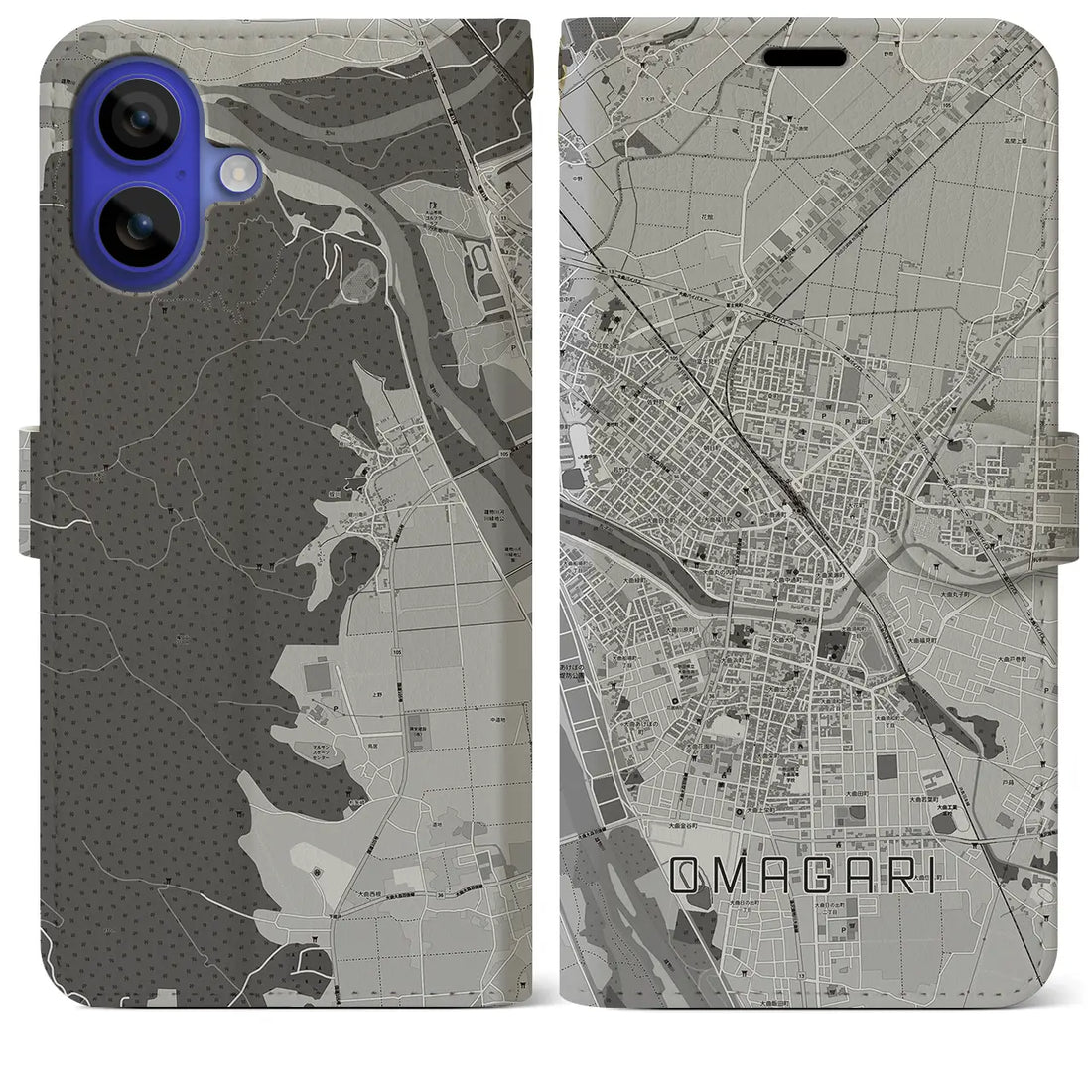 【大曲(秋田県)】地図柄iPhoneケース(手帳タイプ)モノトーン・iPhone 16 Pro Max 用