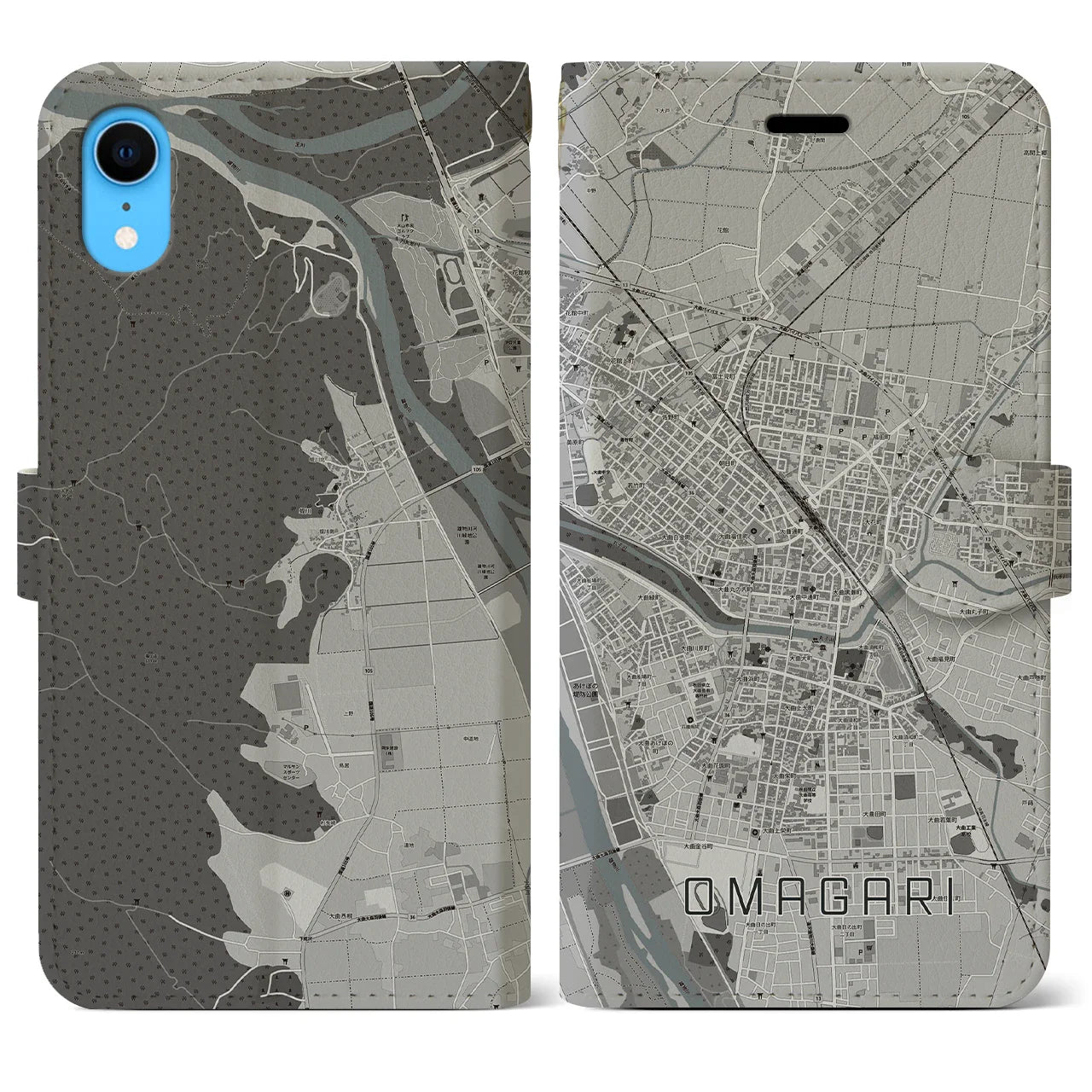 【大曲(秋田県)】地図柄iPhoneケース(手帳タイプ)モノトーン・iPhone XR 用