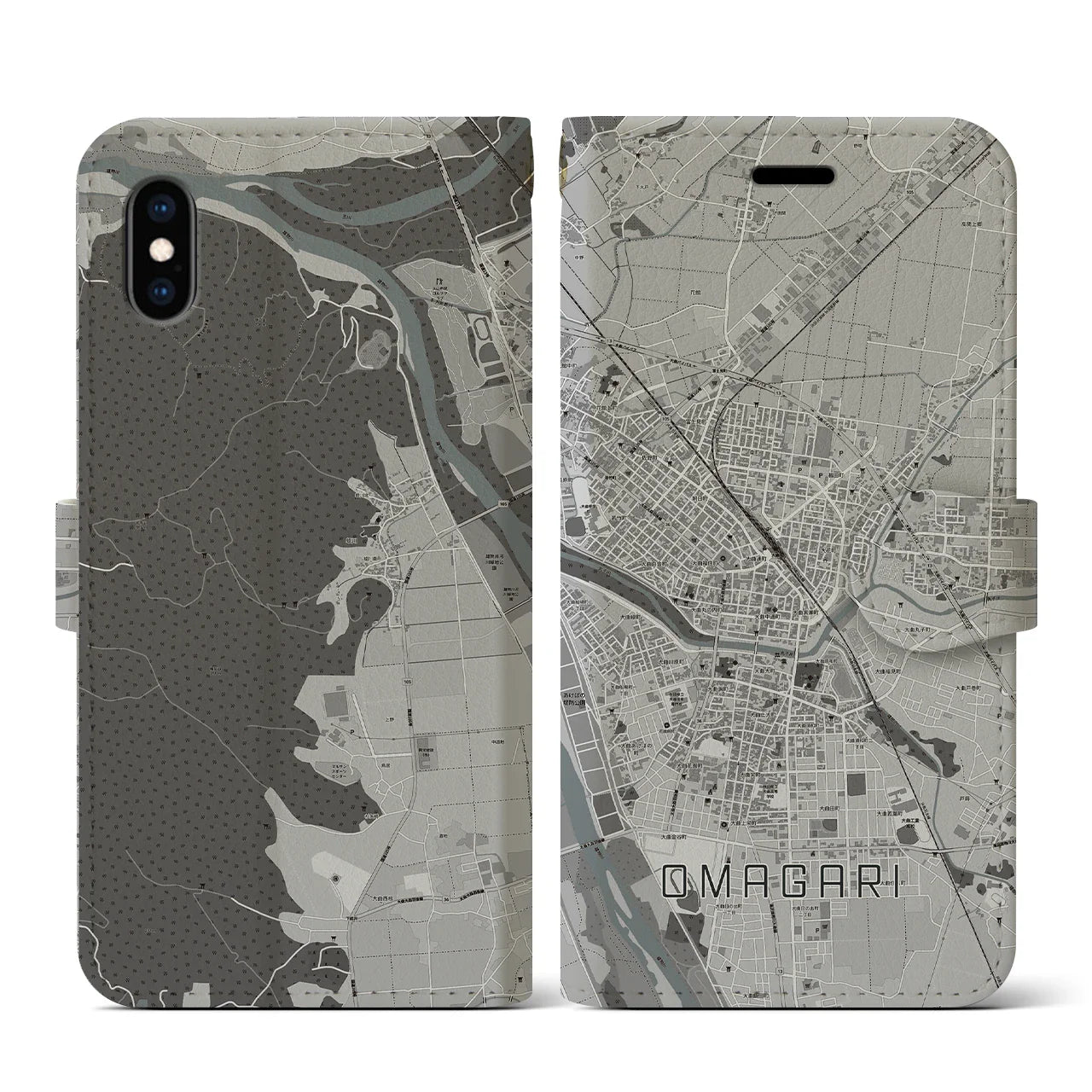 【大曲(秋田県)】地図柄iPhoneケース(手帳タイプ)モノトーン・iPhone XS / X 用