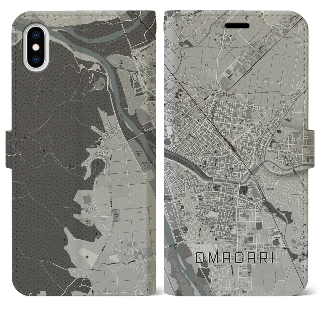 【大曲(秋田県)】地図柄iPhoneケース(手帳タイプ)モノトーン・iPhone XS Max 用