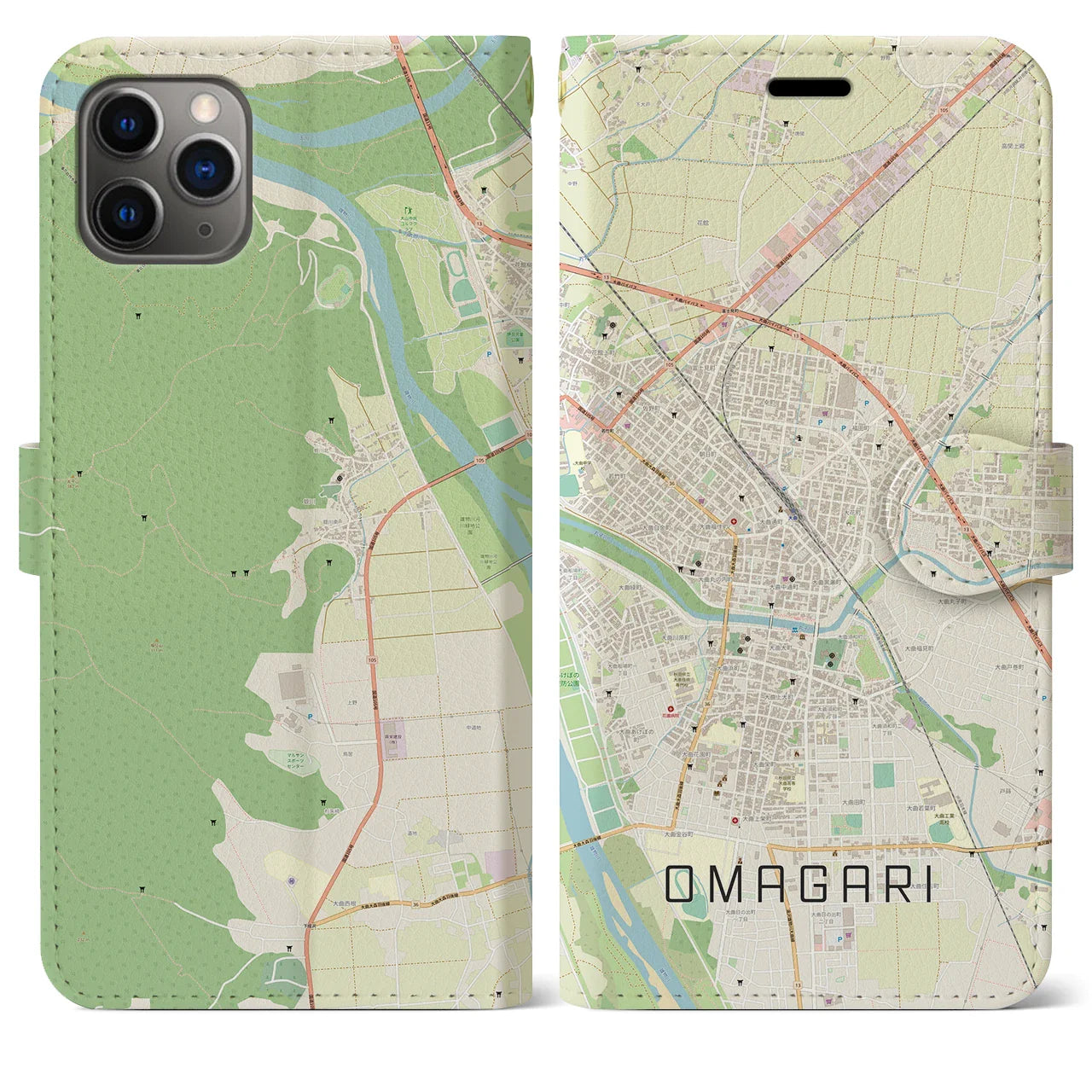 【大曲(秋田県)】地図柄iPhoneケース(手帳タイプ)ナチュラル・iPhone 11 Pro Max 用