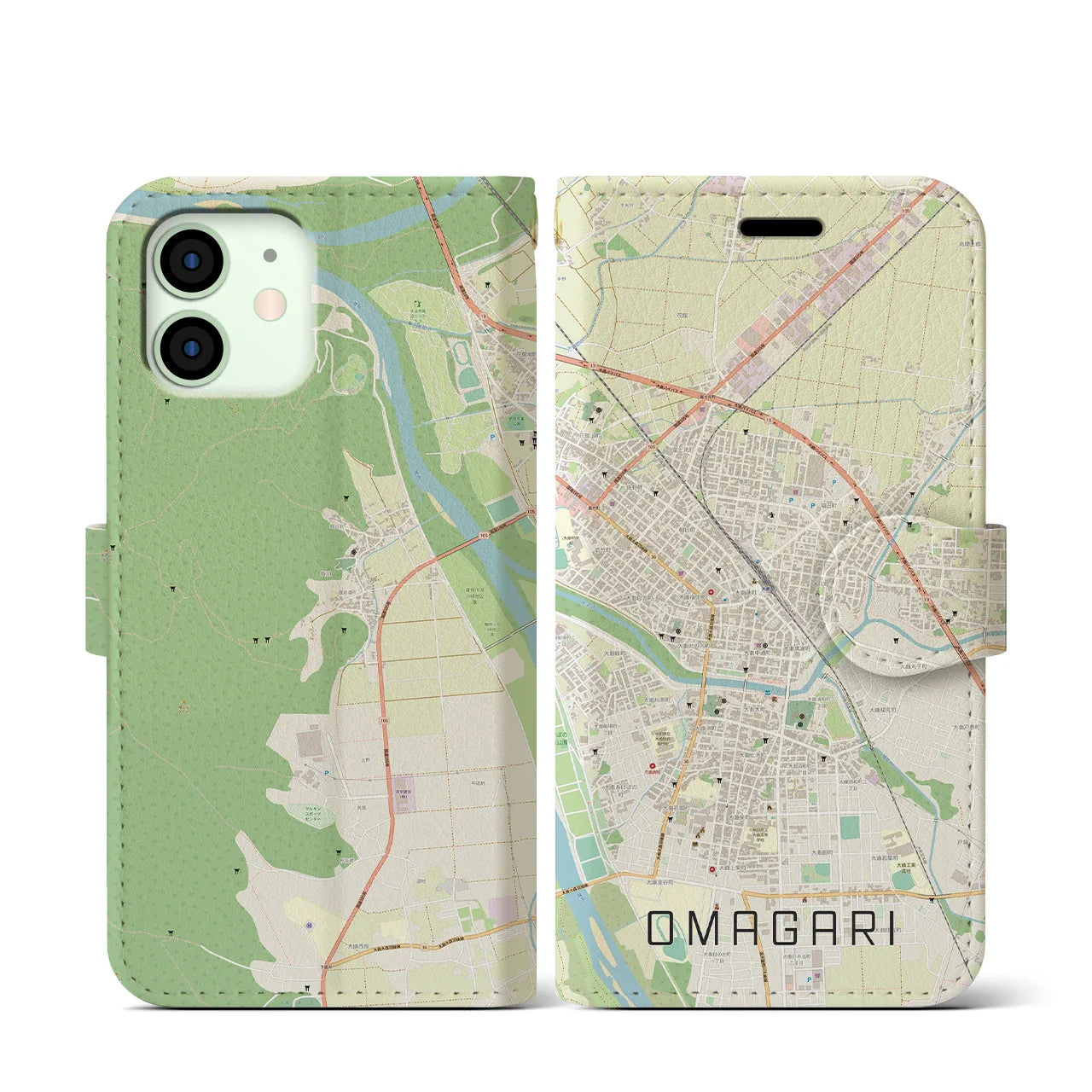 【大曲(秋田県)】地図柄iPhoneケース(手帳タイプ)ナチュラル・iPhone 12 mini 用