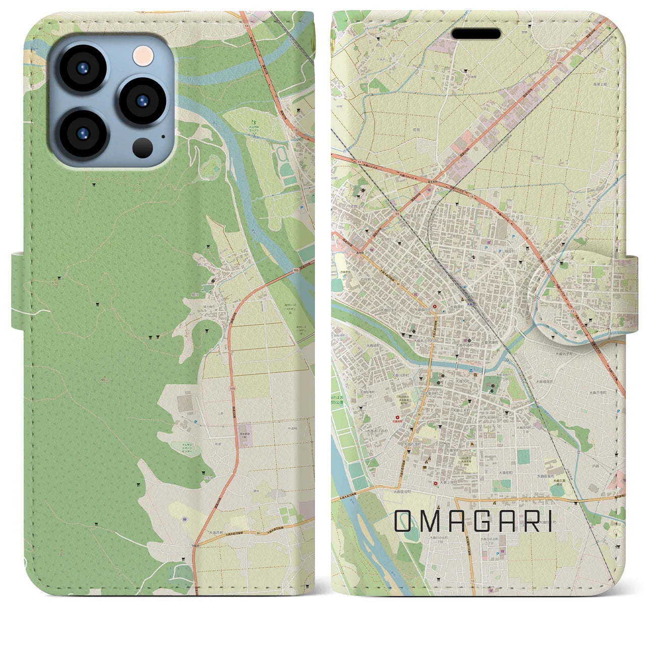 【大曲(秋田県)】地図柄iPhoneケース(手帳タイプ)ナチュラル・iPhone 13 Pro Max 用