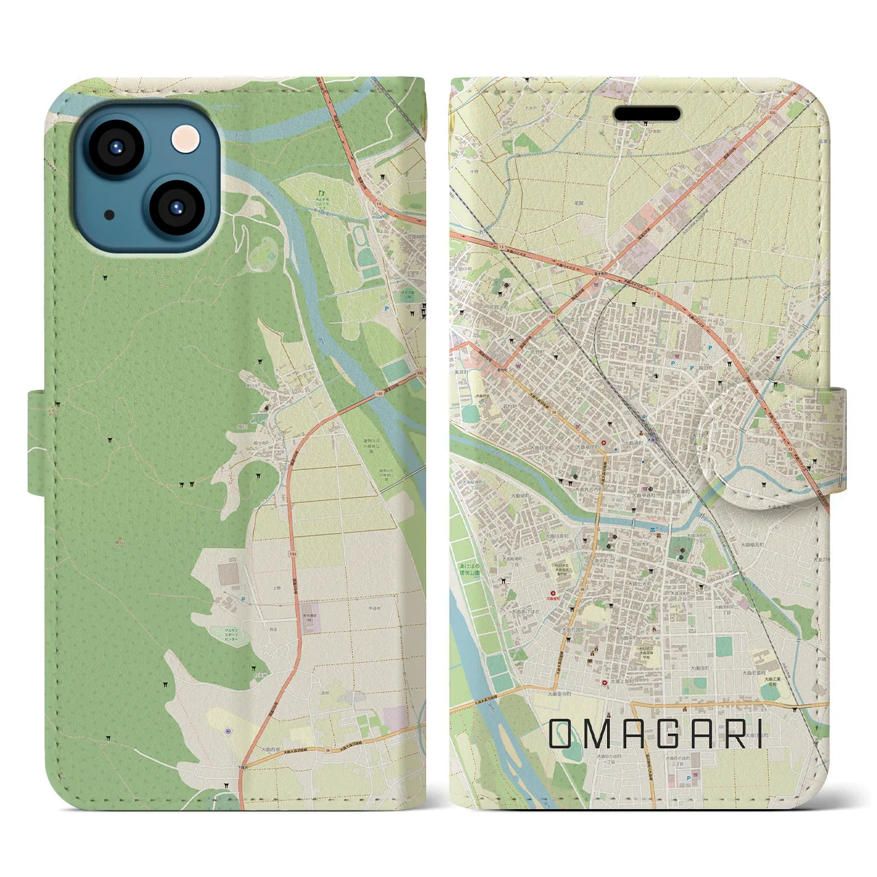 【大曲(秋田県)】地図柄iPhoneケース(手帳タイプ)ナチュラル・iPhone 13 用
