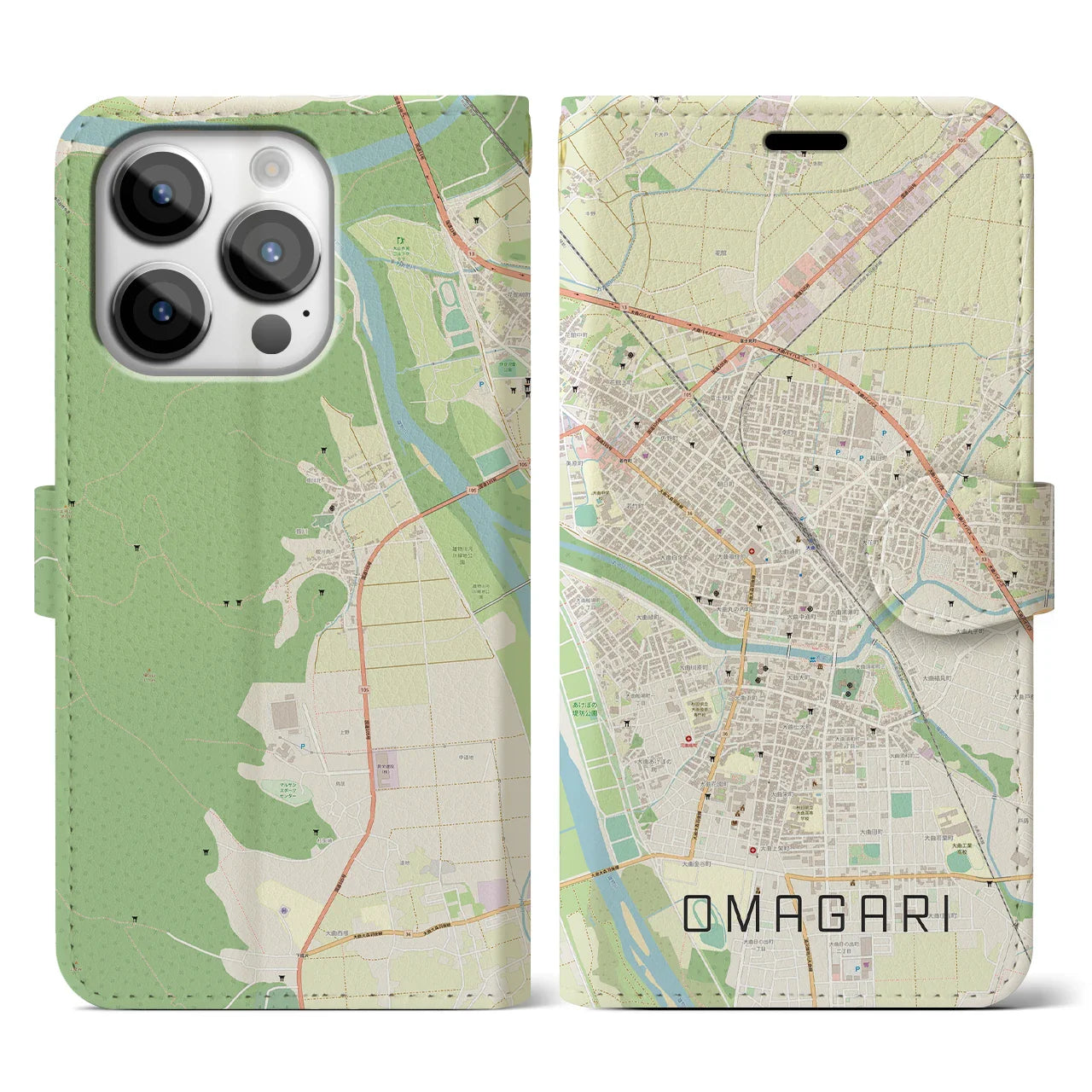 【大曲(秋田県)】地図柄iPhoneケース(手帳タイプ)ナチュラル・iPhone 14 Pro 用