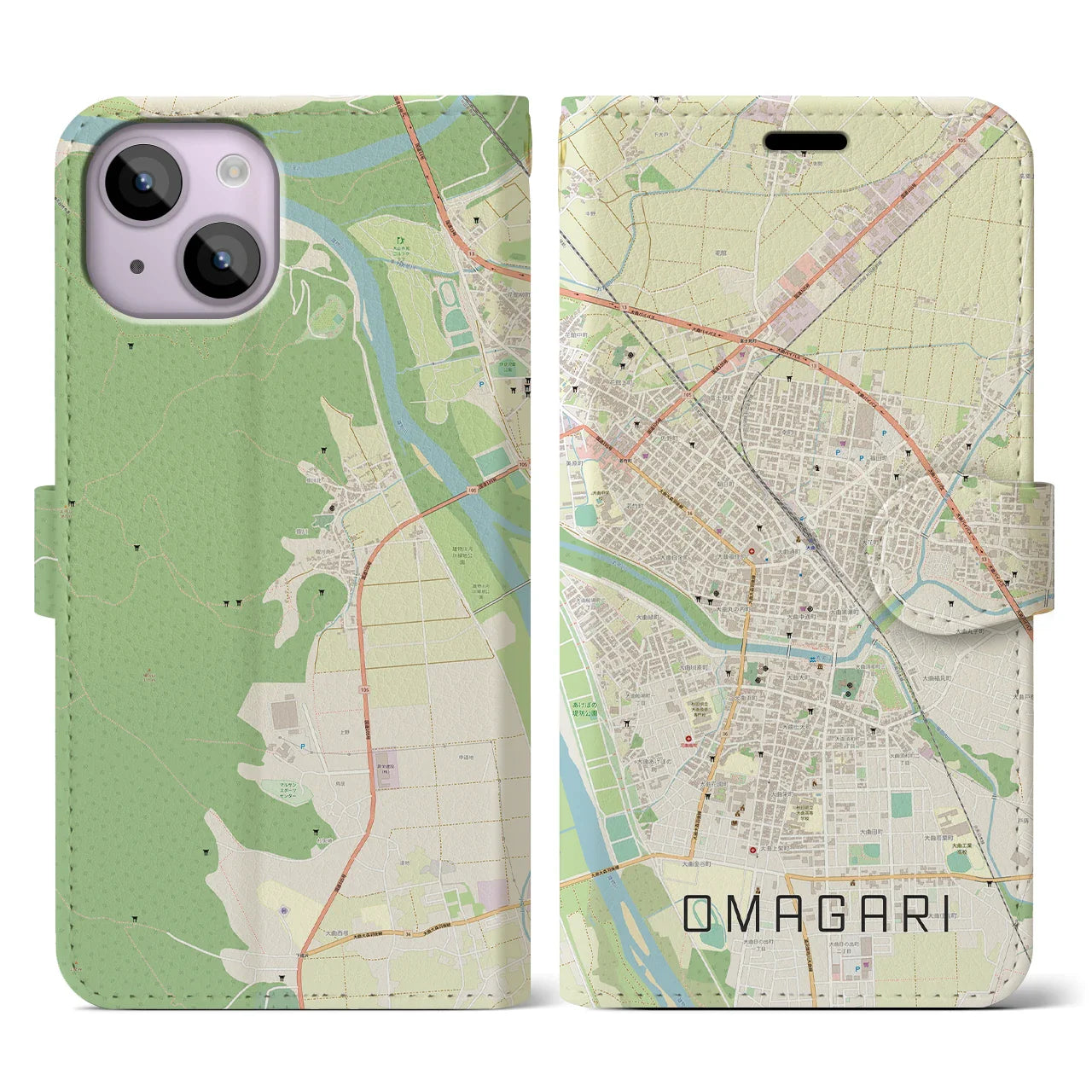 【大曲(秋田県)】地図柄iPhoneケース(手帳タイプ)ナチュラル・iPhone 14 用