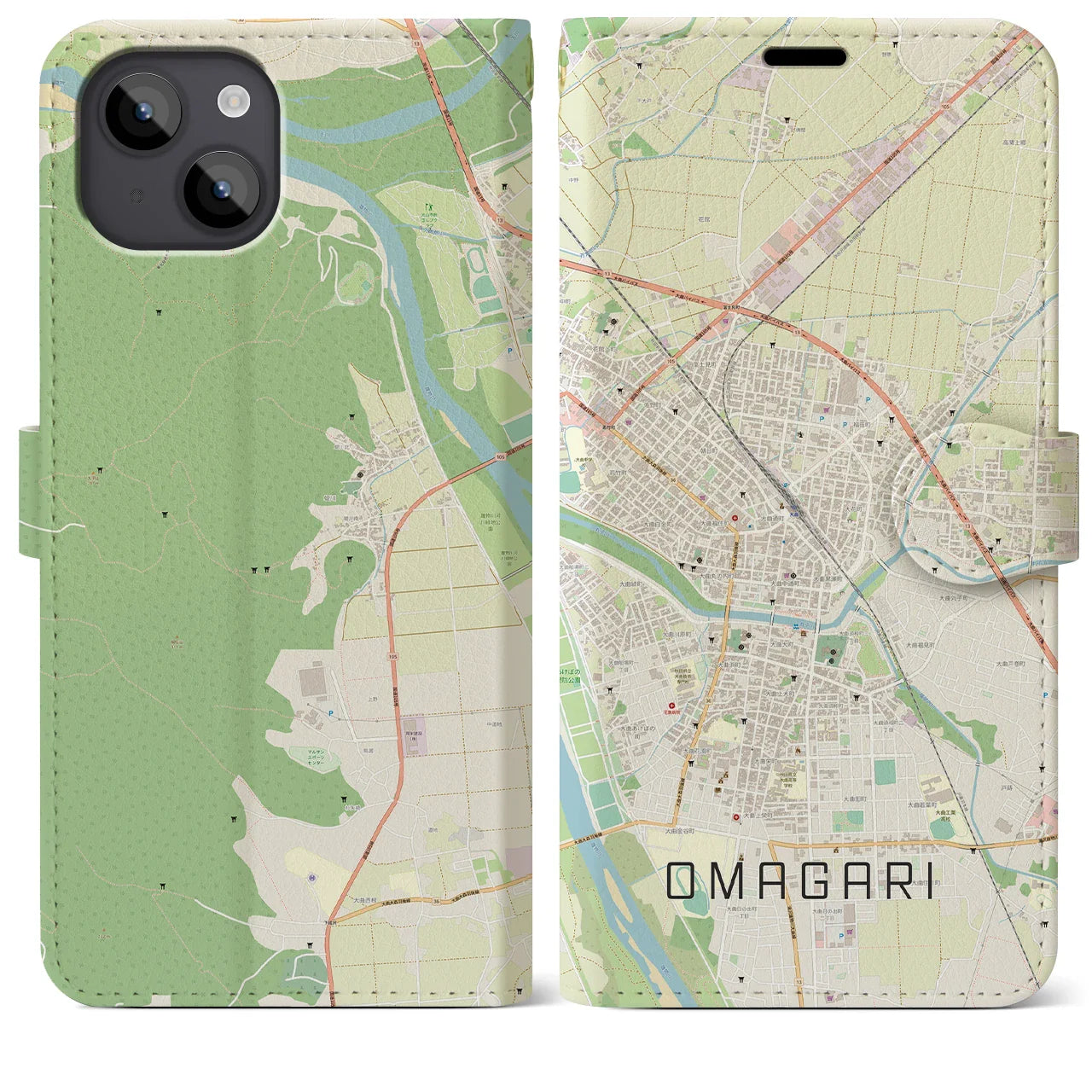 【大曲(秋田県)】地図柄iPhoneケース(手帳タイプ)ナチュラル・iPhone 14 Plus 用