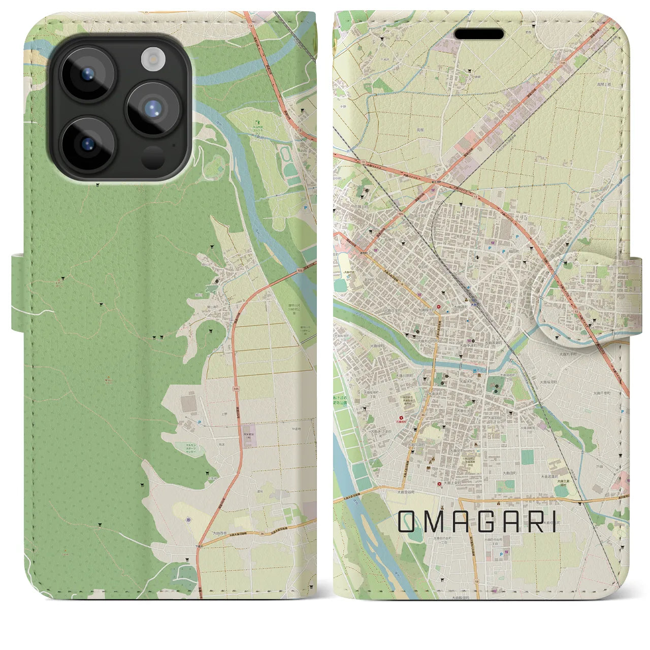 【大曲(秋田県)】地図柄iPhoneケース(手帳タイプ)ナチュラル・iPhone 15 Pro Max 用