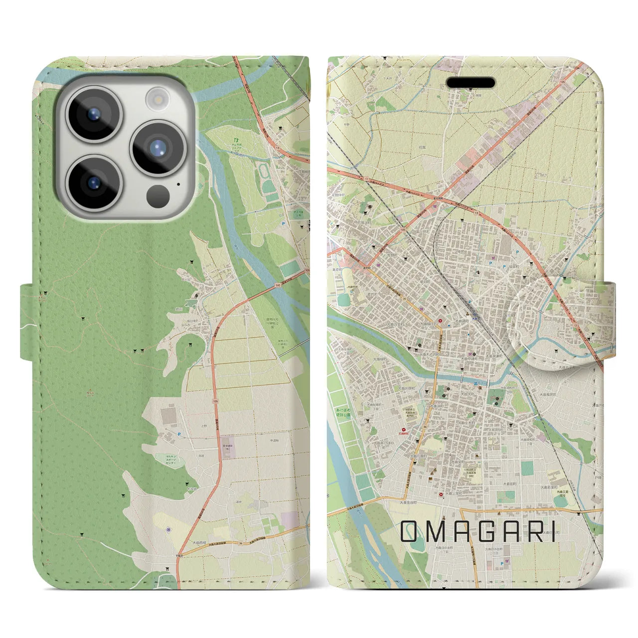 【大曲(秋田県)】地図柄iPhoneケース(手帳タイプ)ナチュラル・iPhone 15 Pro 用