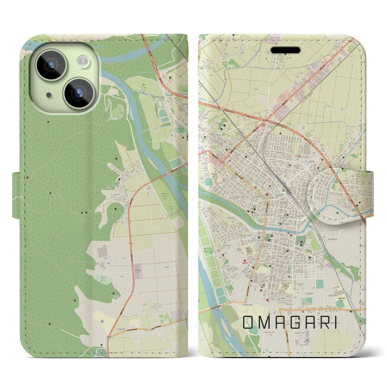 【大曲(秋田県)】地図柄iPhoneケース(手帳タイプ)ナチュラル・iPhone 15 用