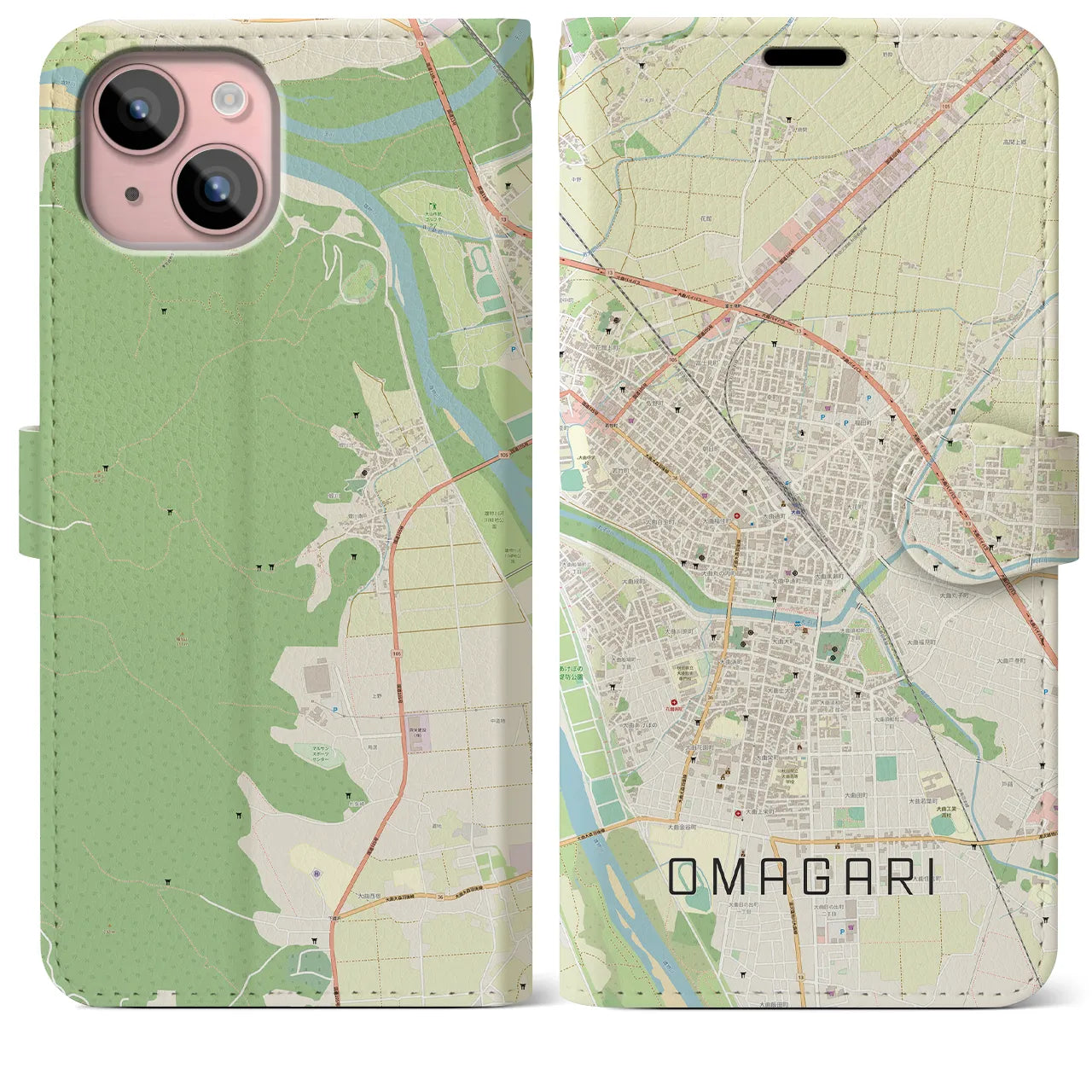 【大曲(秋田県)】地図柄iPhoneケース(手帳タイプ)ナチュラル・iPhone 15 Plus 用
