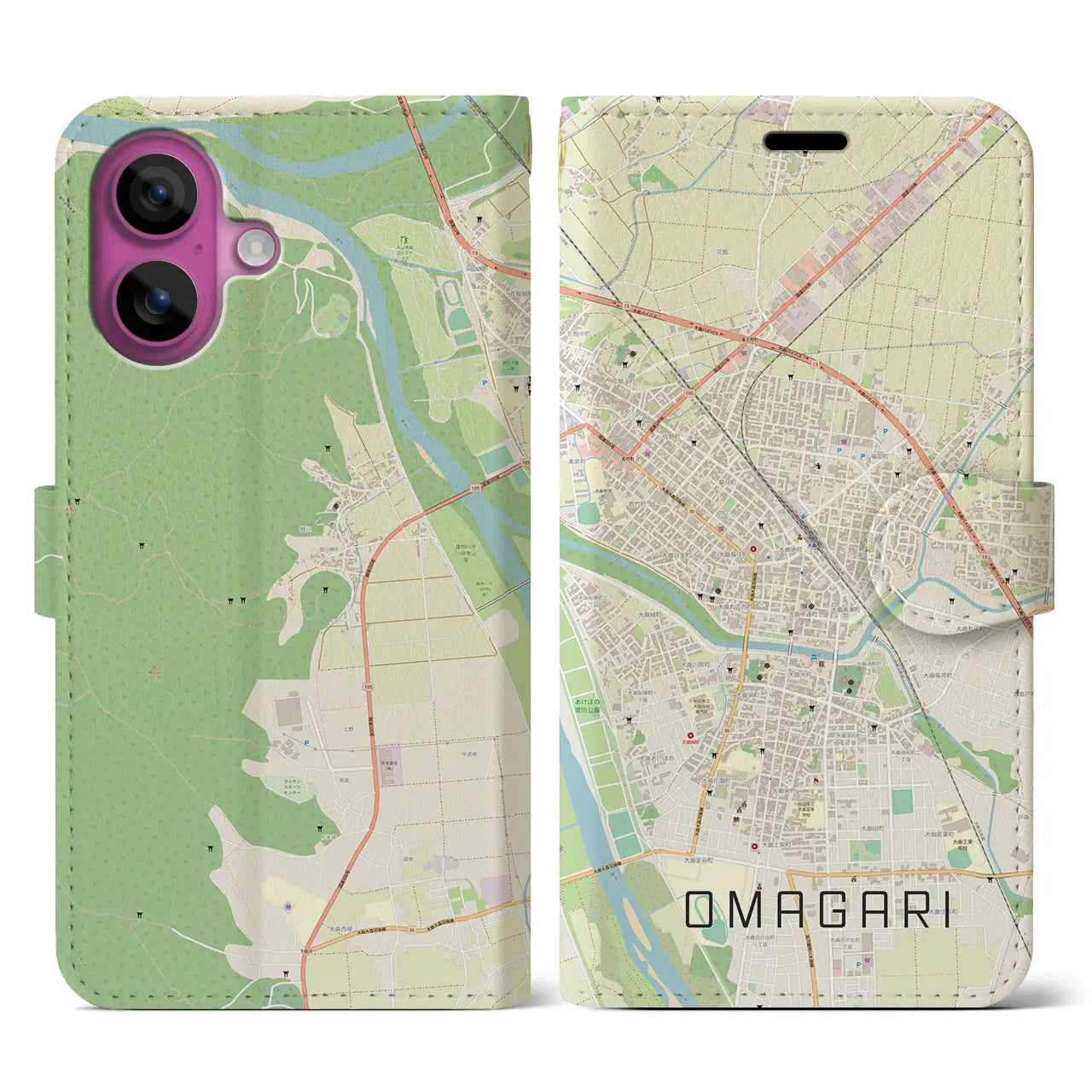 【大曲(秋田県)】地図柄iPhoneケース(手帳タイプ)ナチュラル・iPhone 16 Pro 用