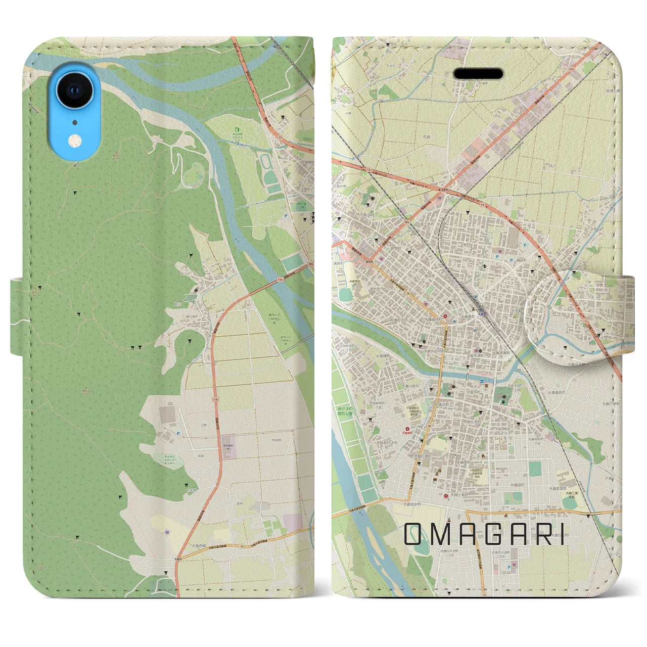 【大曲(秋田県)】地図柄iPhoneケース(手帳タイプ)ナチュラル・iPhone XR 用