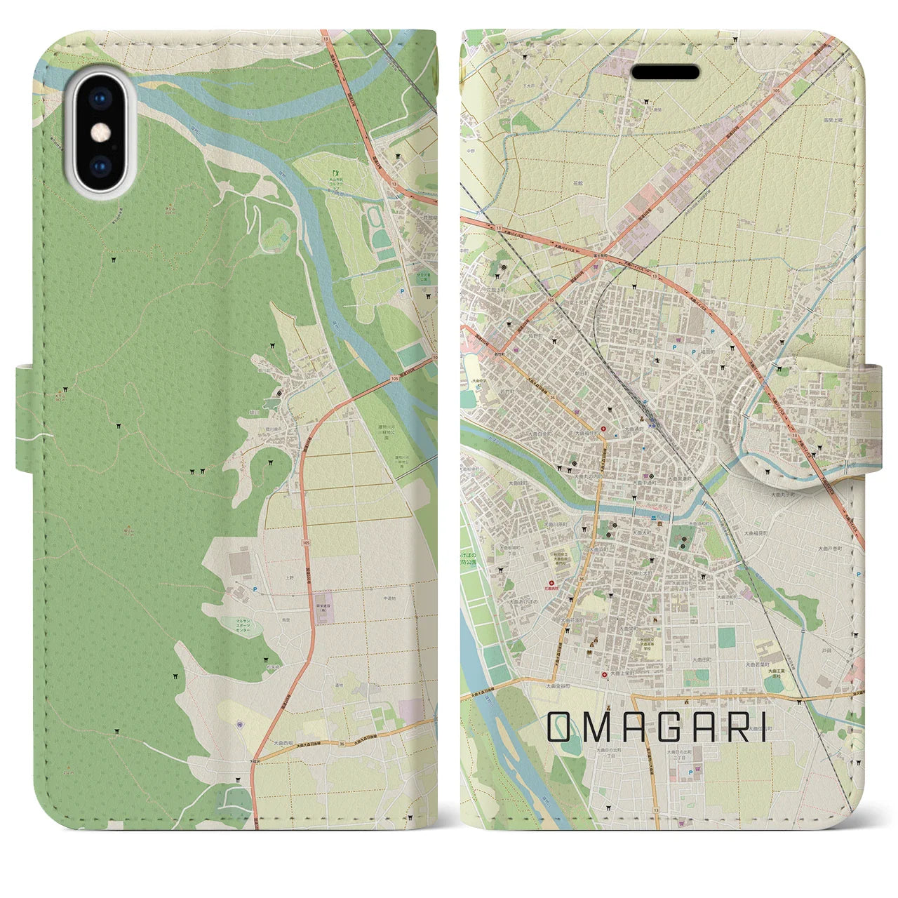 【大曲(秋田県)】地図柄iPhoneケース(手帳タイプ)ナチュラル・iPhone XS Max 用
