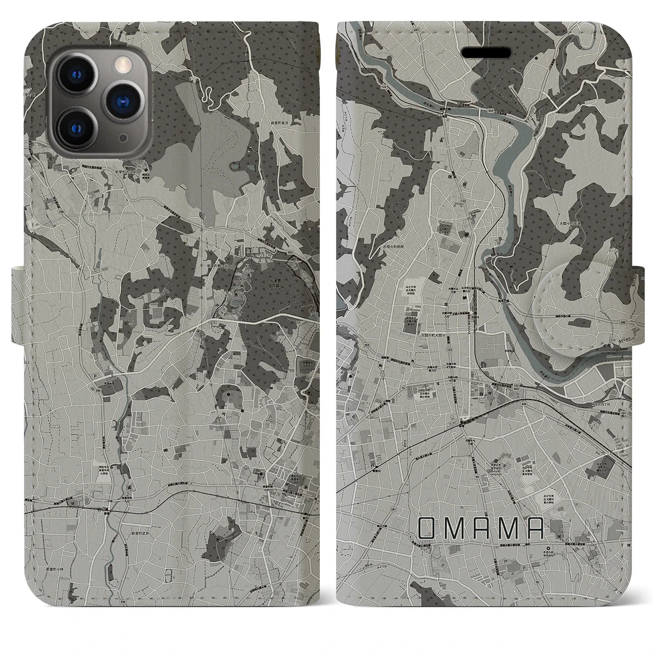 【大間々(群馬県)】地図柄iPhoneケース(手帳タイプ)モノトーン・iPhone 11 Pro Max 用